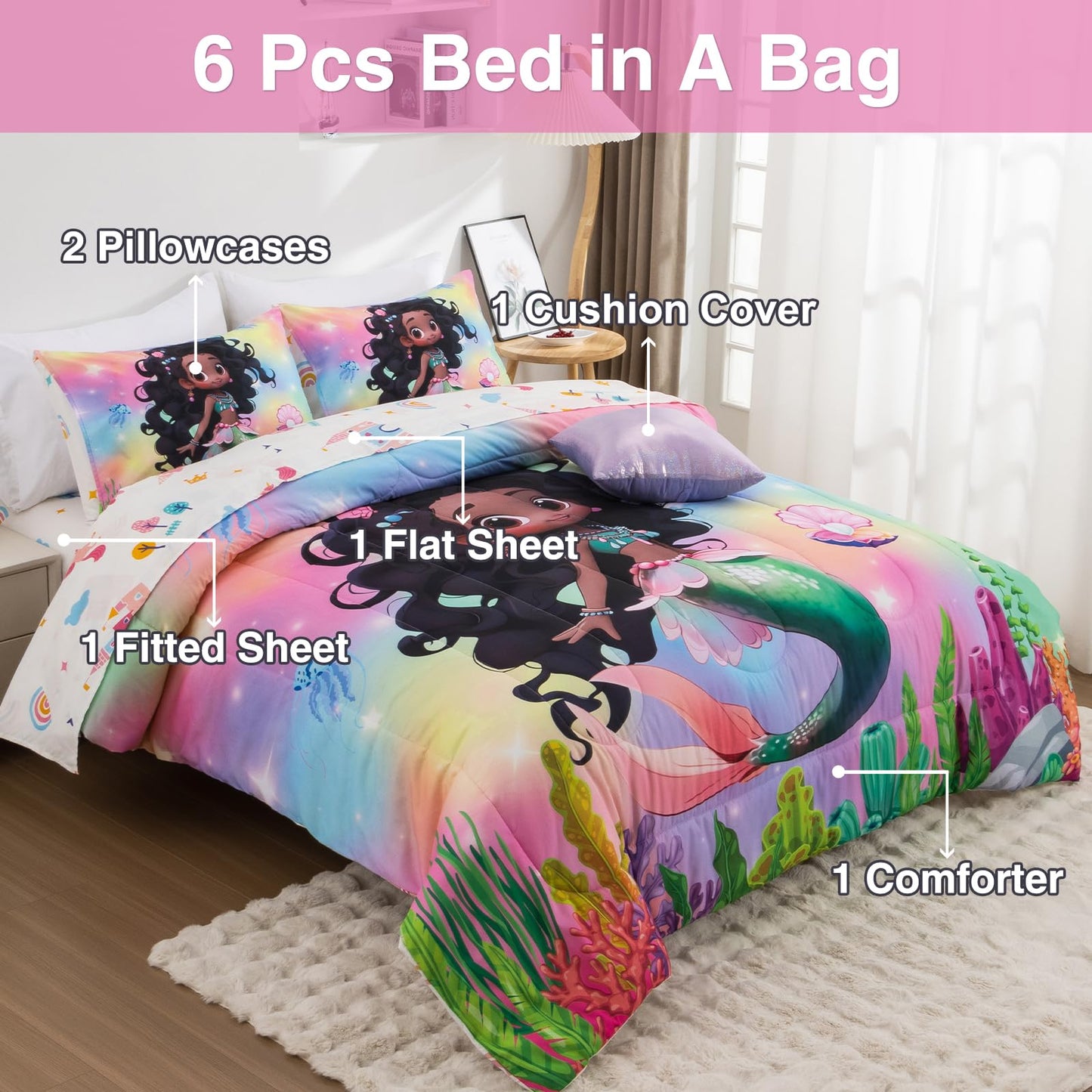 A Nice Night 6pcs Comforter Set,Black Girl Princess Mermaid with Green Tail Printed,Pink Gradient Glitter Rainbow Background Kids Bedding Set,Twin