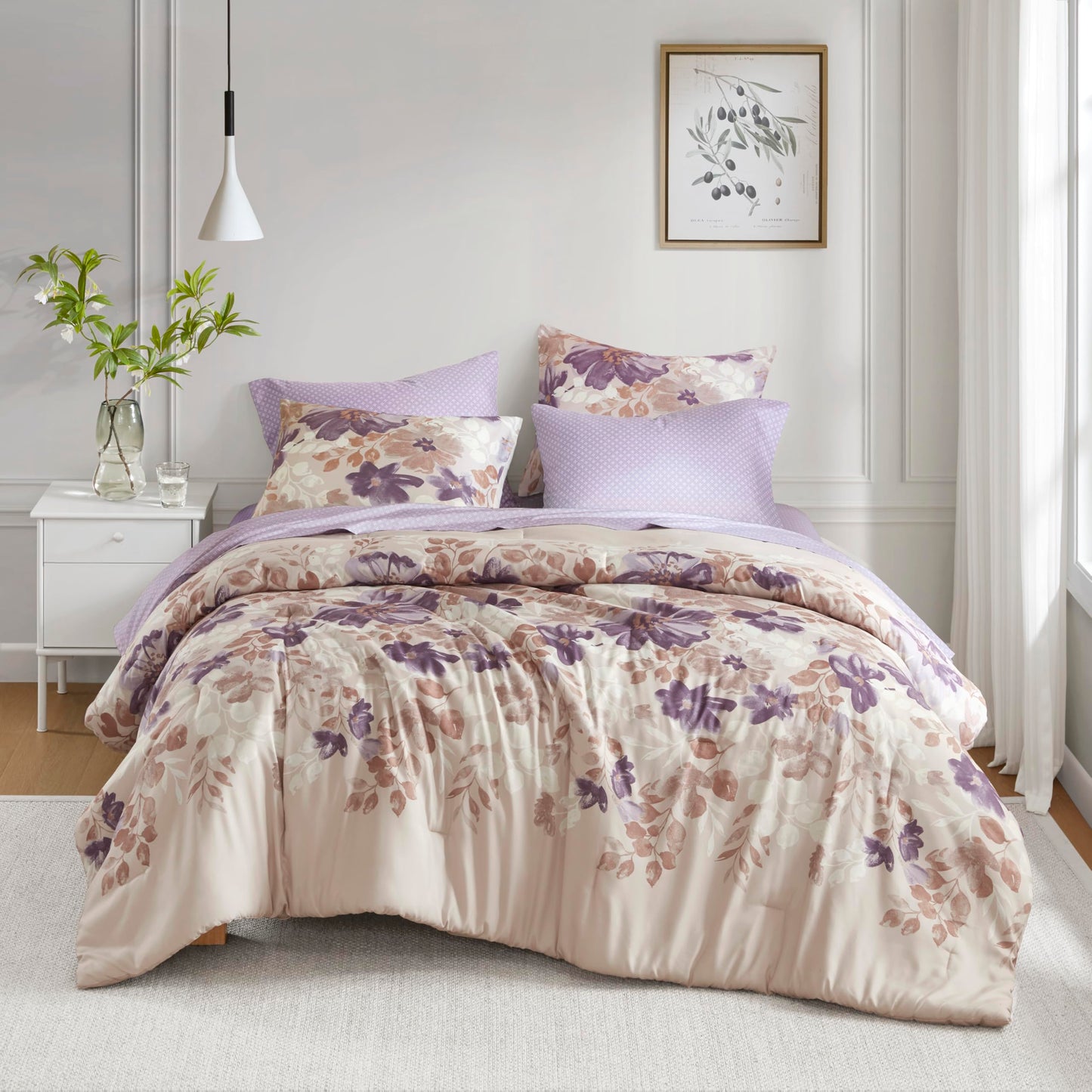 Madison Park Essentials Twin Comforter Set with Sheets, Floral Bed in A Bag Microfiber Comforter for Twin-Size Bed, Shabby Chic Bedding Set Diamond Printed Sheet, Luna, Taupe 5 Piece