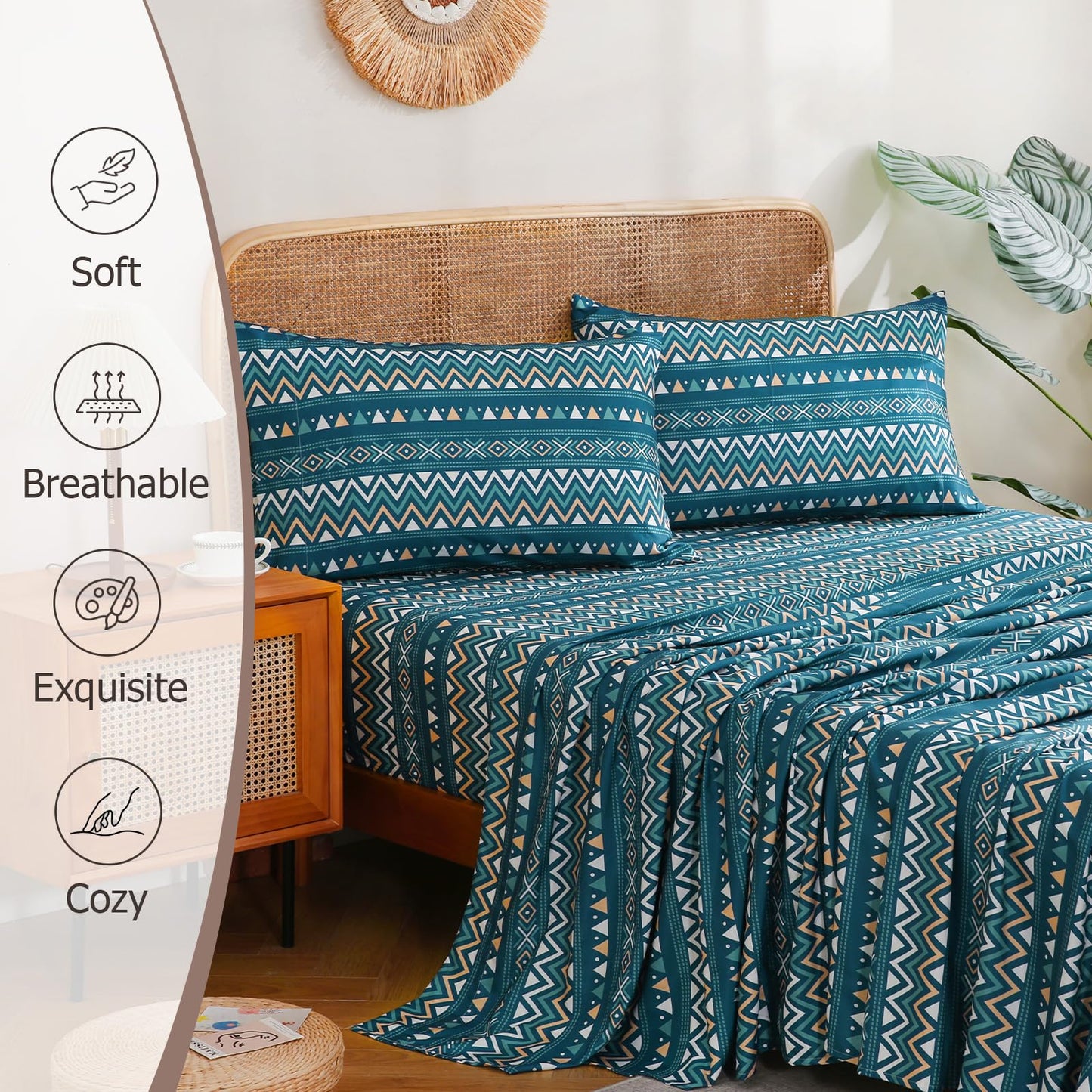 CozySmile Boho Sheet 4 Pieces Queen Sheet Set Bohemian,Queen Size Breathable Soft Microfiber Deep Pocket Bedding Sheet, Western Sheets Geometric(King, Teal Geometric)