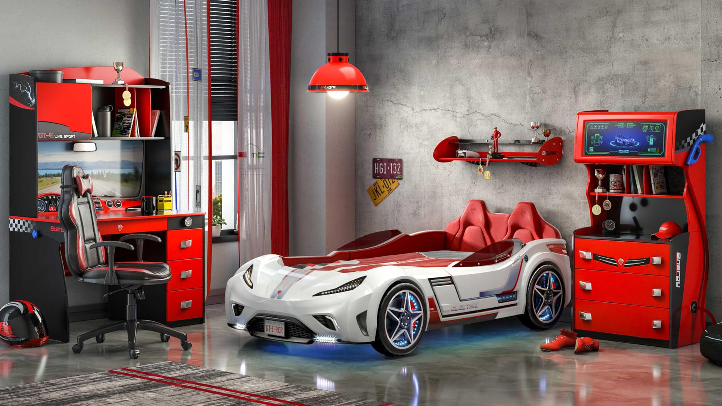 Cilek GTS EV Twin Kids Race Car Bed with Remote Control, LED Lights & Sounds, Vegan Leather Headboard, Guardrails, Non-Toxic, Fits Twin Mattress, White