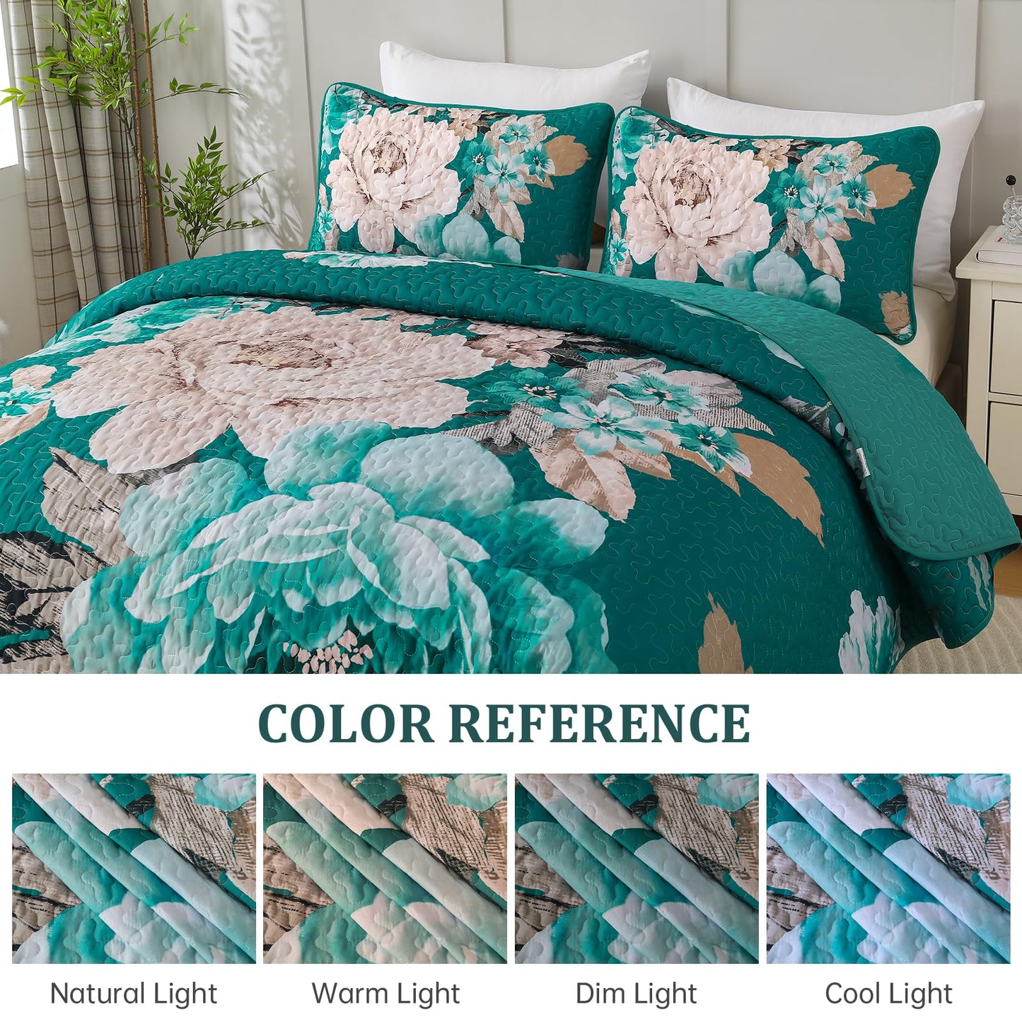 WONGS BEDDING Teal Boho Floral Quilt Set Queen, Elegant Flower Bedspread Coverlet Set for All Season, 3 Pieces Farmhouse Lightweight Reversible Bedding Set with 2 Pillow Shams 96"X90"