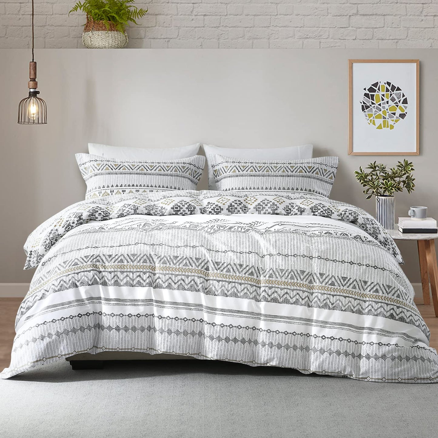 CozyDH Cotton Duvet Cover King - 100% Cotton 400TC Boho Aztec Duvet Cover King Size, Soft and Breathable King Duvet Cover Set for All Season, Bohemian Geometric 3pcs Bedding Set (King, 104"x90")