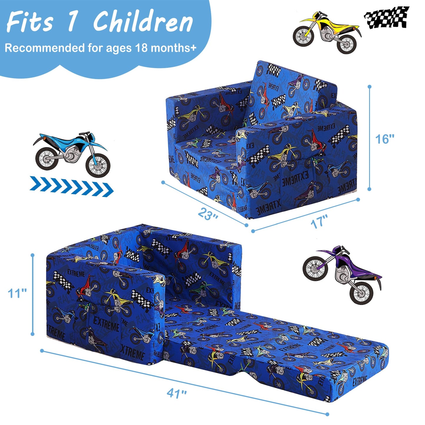lasoftan Toddler Couch, 2-in-1 Soft Kids Couch Bed Fold Out, Toddler Chairs Comfy for Boys & Girls, Convertible Kids Sofa to Lounge for Playroom, Gift for Birthday, Children's Day - Blue Motorcycle
