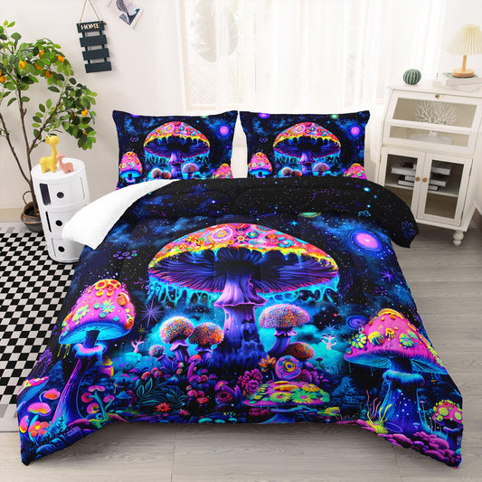 AILONEN Cartoon Mushroom Comforter Set Queen Size, Black Starry Purple Magic Mushroom Bedding Set,3Pcs Plant Fungus Comforter with 2 Pillowcases