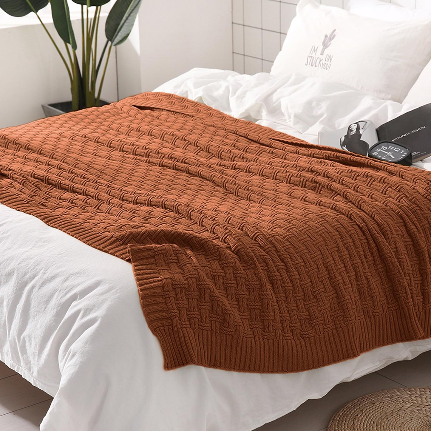 TREELY 100% Cotton Knitted Throw Blanket Couch Cover Blanket(31 x 40 Inches, Brown)
