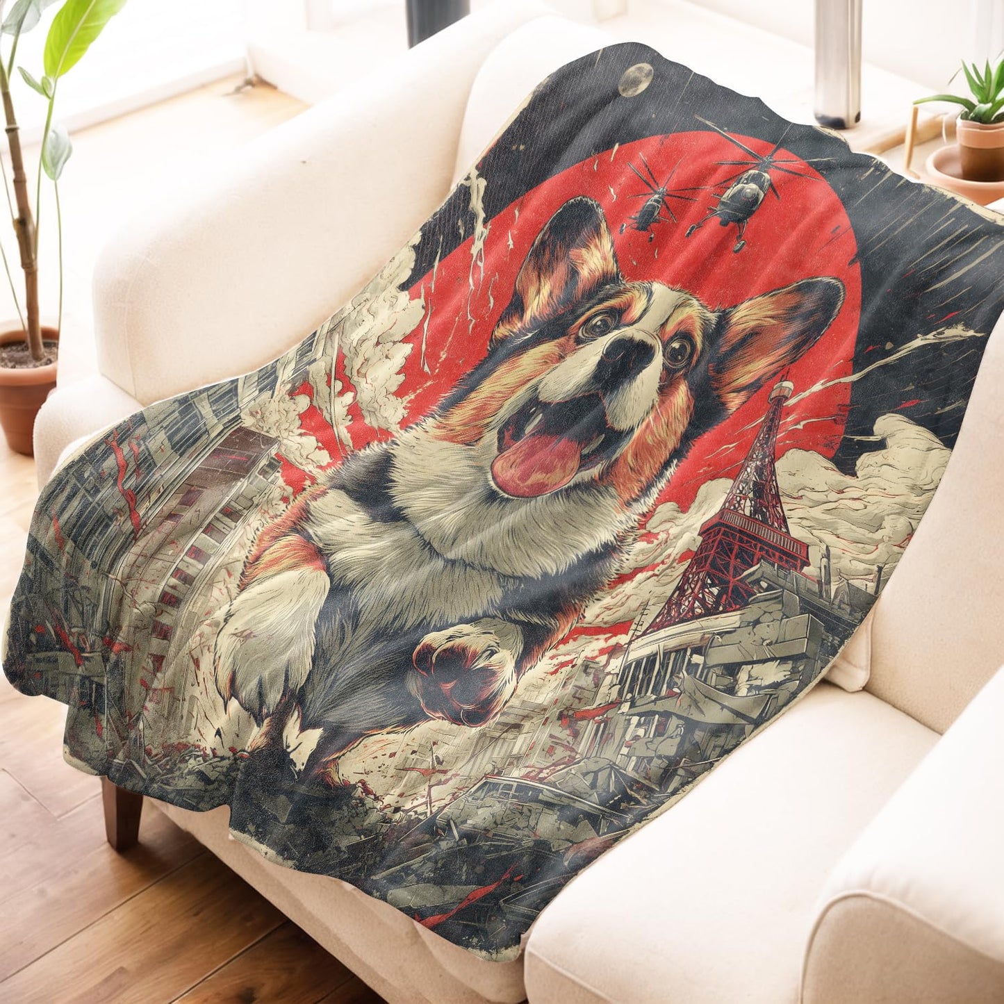 Mniedc Corgi Monster City Blanket, Funny Dog Flannel Throw Blankets, 50"x60", Soft Warm Lightweight Fuzzy Cozy Throws for Couch Bed Sofa Living Room Travel Decorative Gifts for Pet Lover Kids Boys
