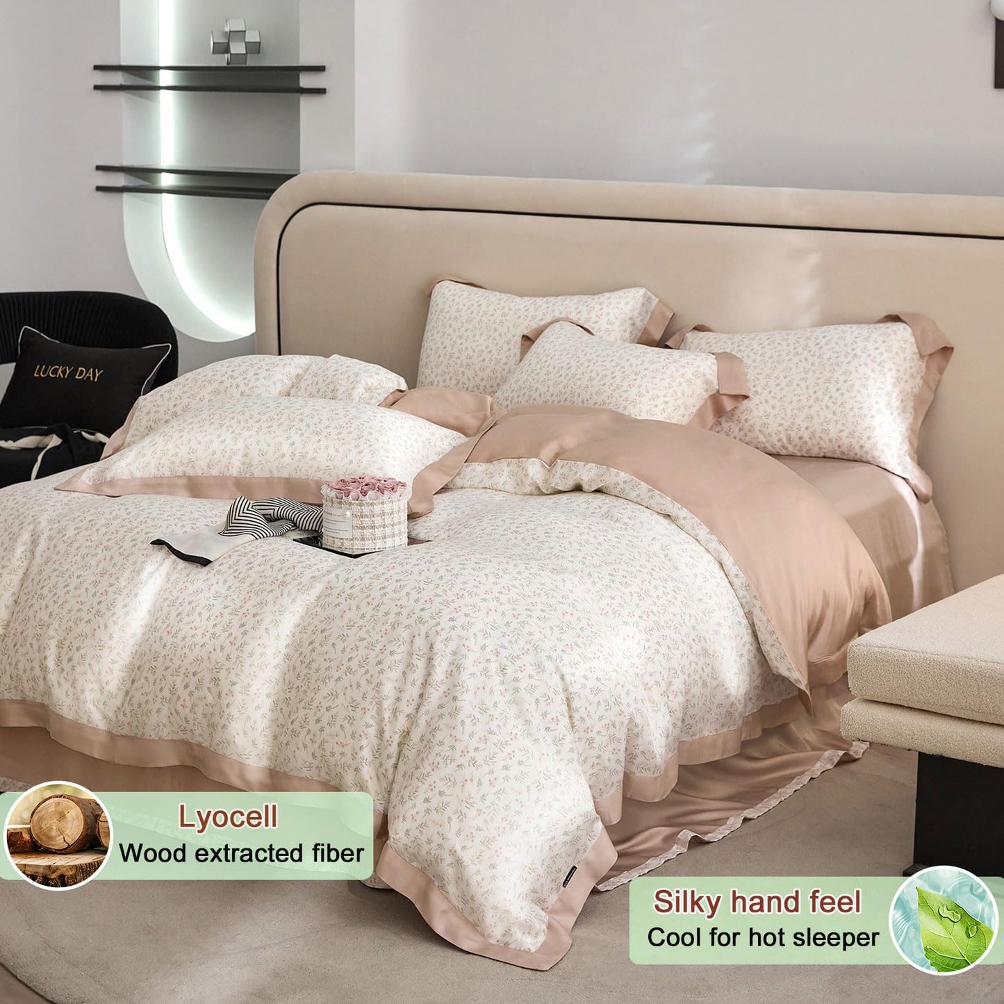 VM VOUGEMARKET Girls Pink Flower Leaves Duvet Cover Set Queen Princess Lace Bedding Set Cooling Silky Lyocell Duvet Cover with Zipper Closure-Blush Pink,90x90 Inch