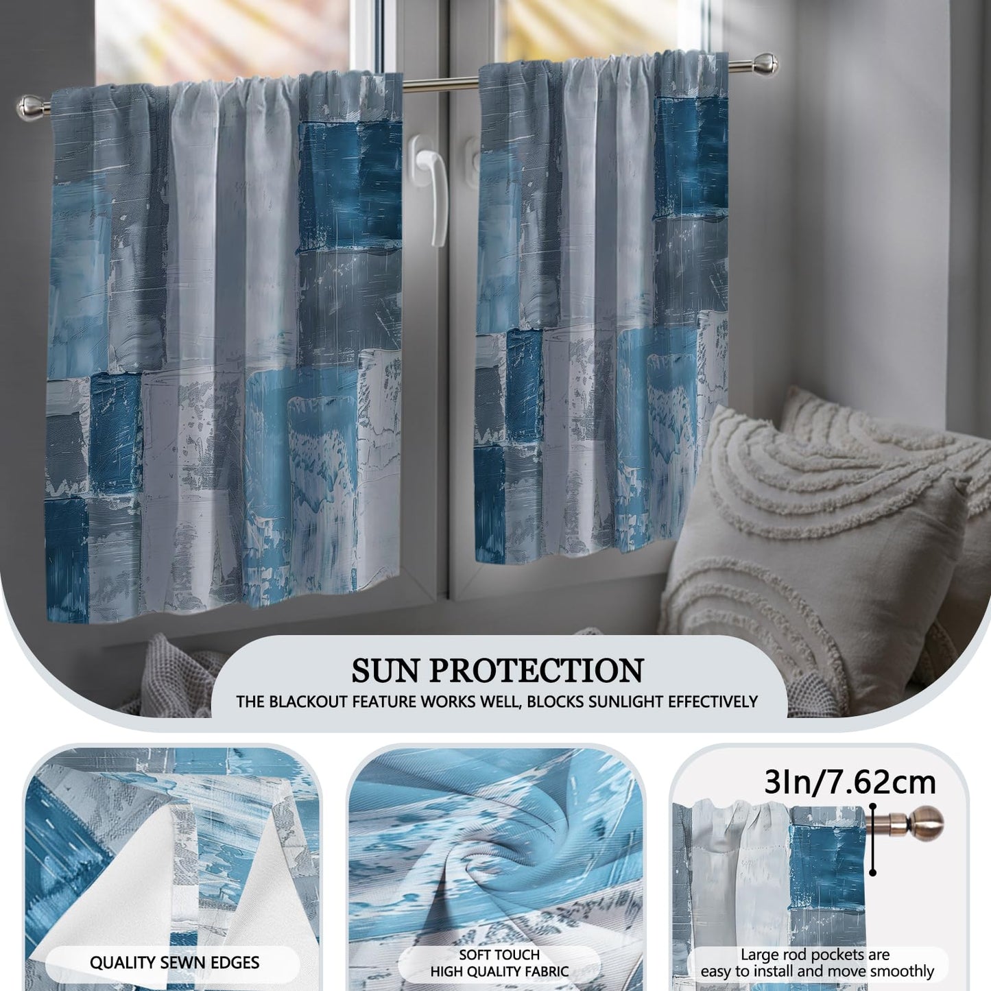 KINUUIS Blue White Blackout Kitchen Window Tier Curtains and Valance Set, 52 x 36 Inch Abstract Art Window Curtains Set with Rod Pocket for Small Windows, Living Room or Bathroom