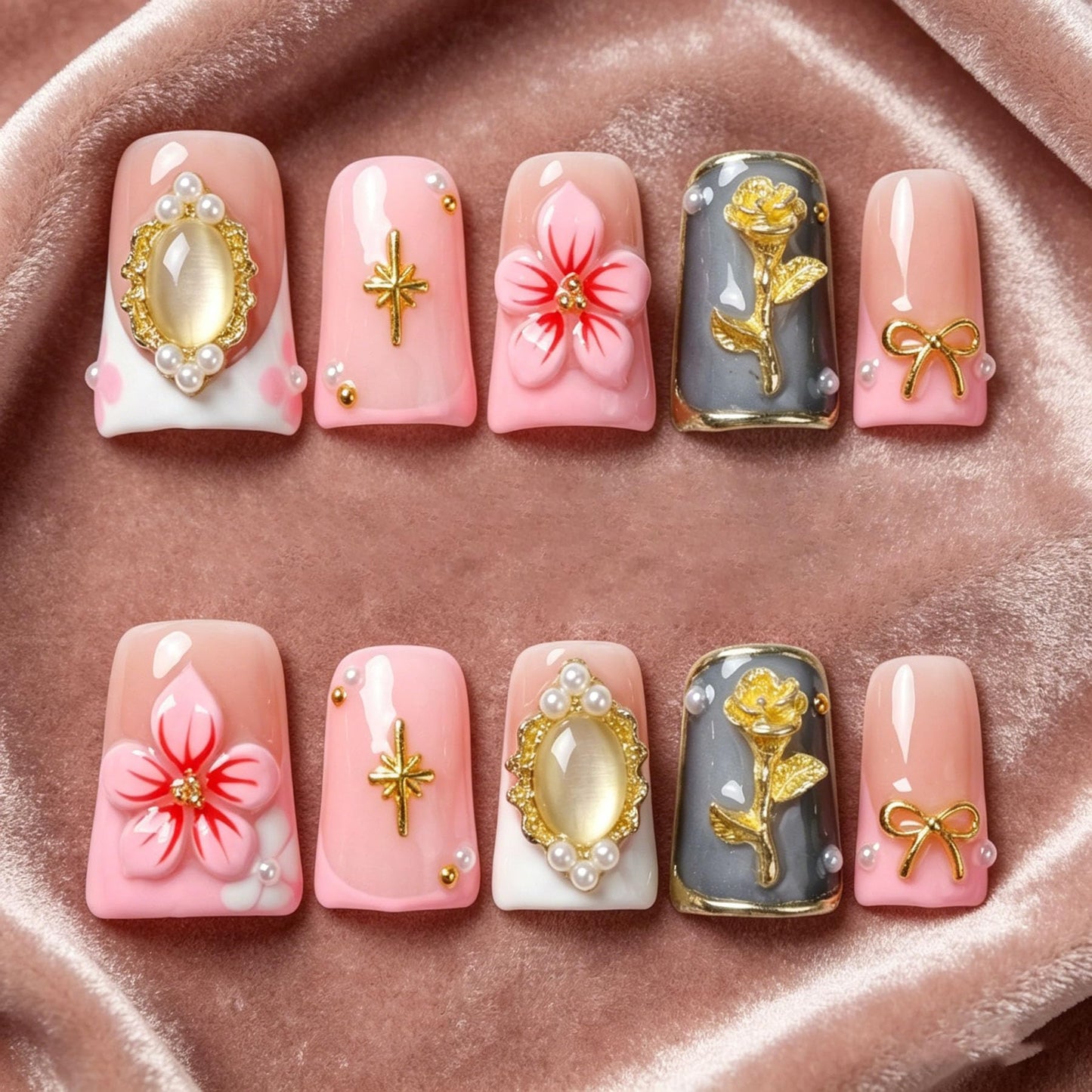 Handmade Press on Nails 3D Cute Glue on Nails for Women, Luxury Duck Nail Art Design, Fake Nails with 3D Nail Charms Size M 6