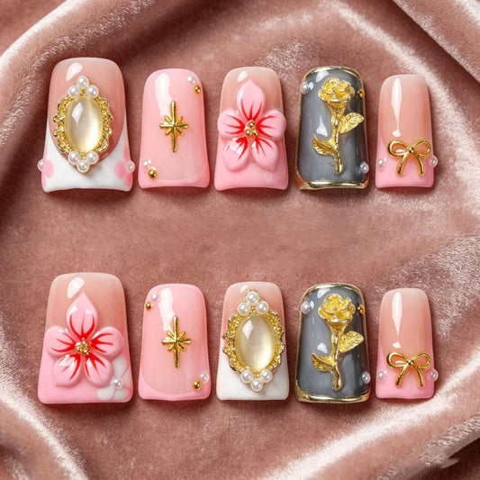 Handmade Press on Nails 3D Cute Glue on Nails for Women, Luxury Duck Nail Art Design, Fake Nails with 3D Nail Charms Size M 6