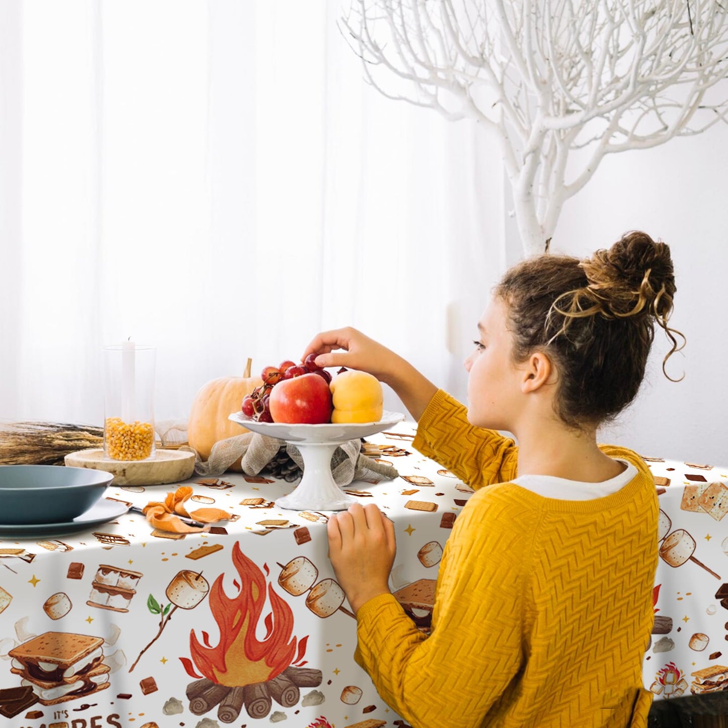 CC HOME 1Pc Camping Party Plastic Tablecloth 54 x 87 Inch Long Table Cover, Marshmallow Sandwich Party Tablecover for Bonfire Camp Theme Kids Baby Shower Birthday Dinner Picnic Kitchen Event