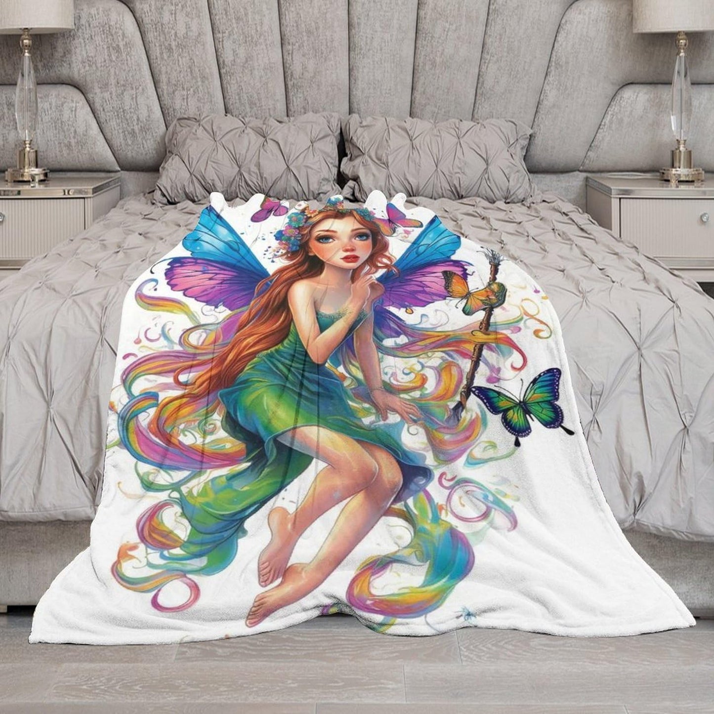 EFOKDRP Beautiful Butterfly Fairy Flannel Throw Blanket, 50x60 Inch Magical Fantasy Nature Art Cozy Home Decor for Sofa, Bedroom or Living Room
