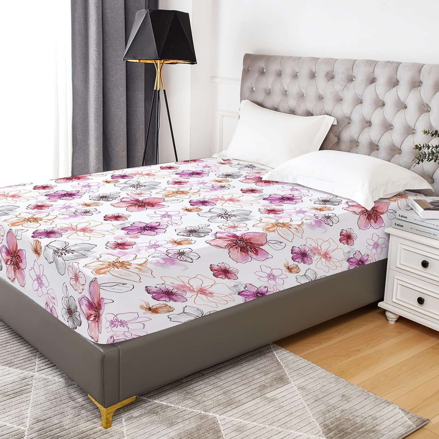 YIYEA Floral Fitted Sheet Only, Premium Double Brushed Microfiber Deep Pocket Fitted Sheet Queen Size, Ultra Soft Fitted Bottom Sheet, Shrinkage, Fade Resistant, Queen