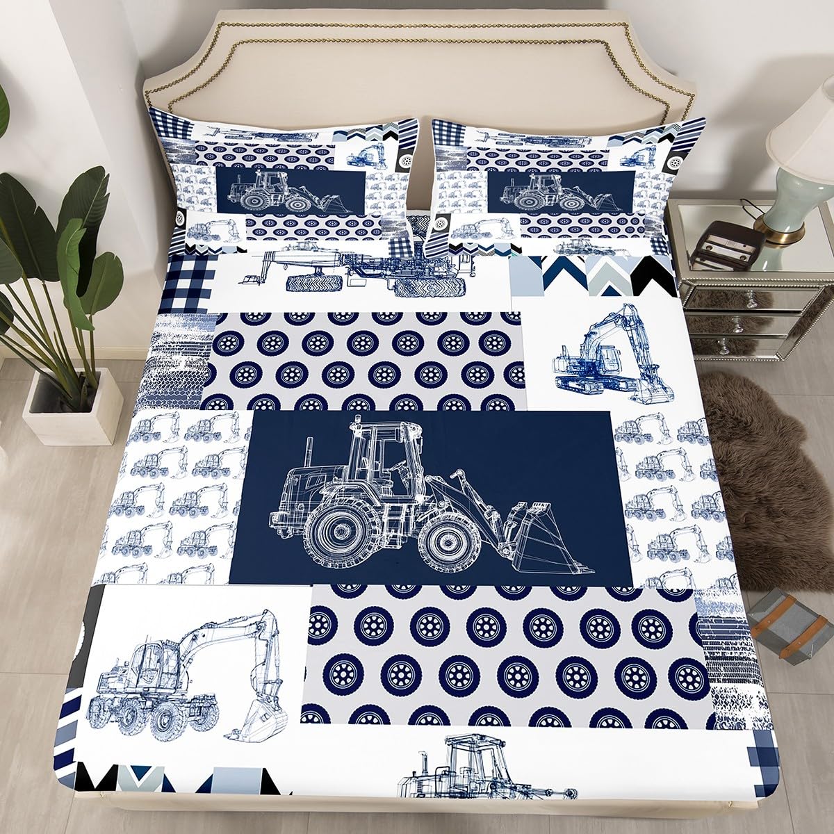 Kids Construction Sheet Set Full Size Equipment Trucks Bed Sheets Set Cartoon Car Excavator Tractor Sheets with Deep Pocket Fitted Sheet Construction Vehicles Plaid Grid Blue and White Bedding Set