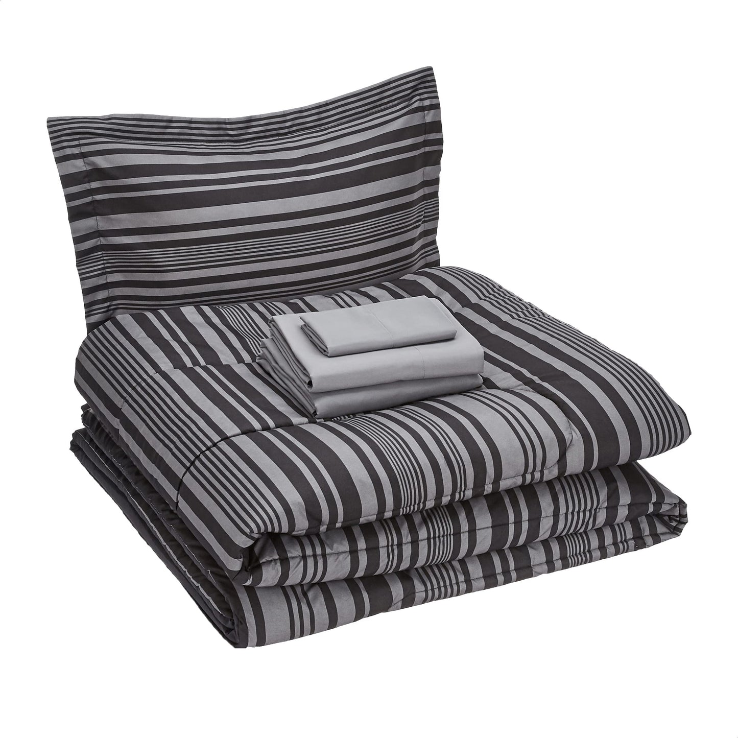 Amazon Basics 5-Piece Lightweight Microfiber Comforter Set with Sheets, Bed-in-a-Bag, Gray Calvin Striped Bedding, Twin/Twin XL