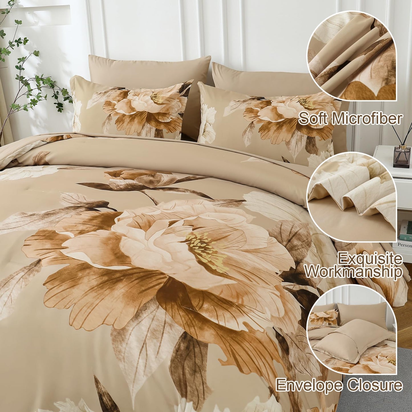 Dobuyly Khaki King Size Comforter Set 7 Piece Bed in a Bag King, Taupe Floral Fall Comforter Set with Sheets, Soft Microfiber Farmhouse Complete Bedding Set for All Season