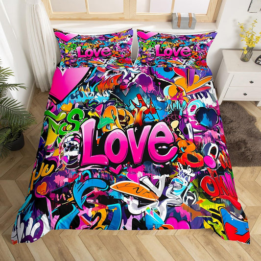 Feelyou Hippie Graffiti Duvet Cover Hip Hop Sports Bedding Set for Kids Boys Teens Rock Music Comforter Cover Set Trippy Abstract Art Quilt Cover with 2 Pillowcases King Size