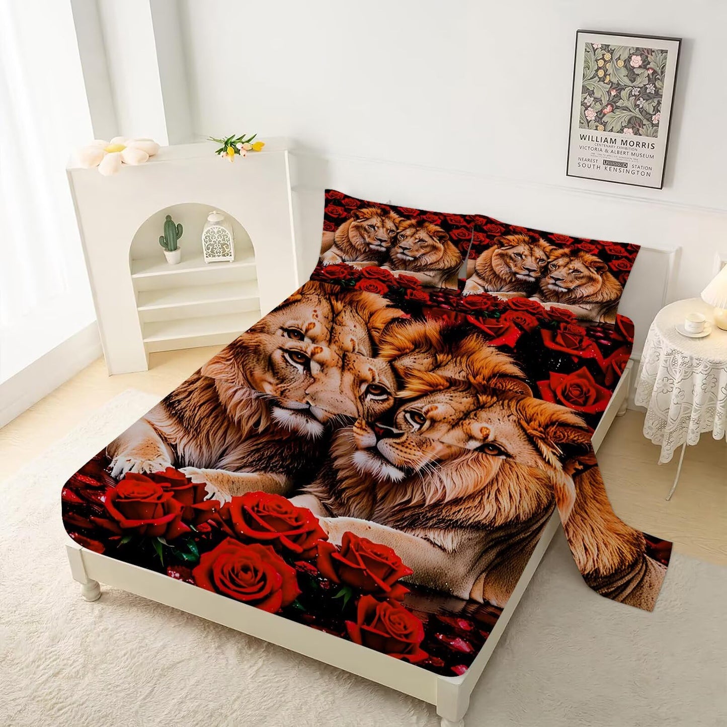 VTKON Rose Lions Sheets Set Twin for Kids and Women Animal Print Bedding Set with Deep Pocket 3D Wildlife Bed Set with 1 Flat Sheet 1 Fitted Sheet and 1 Pillowcase