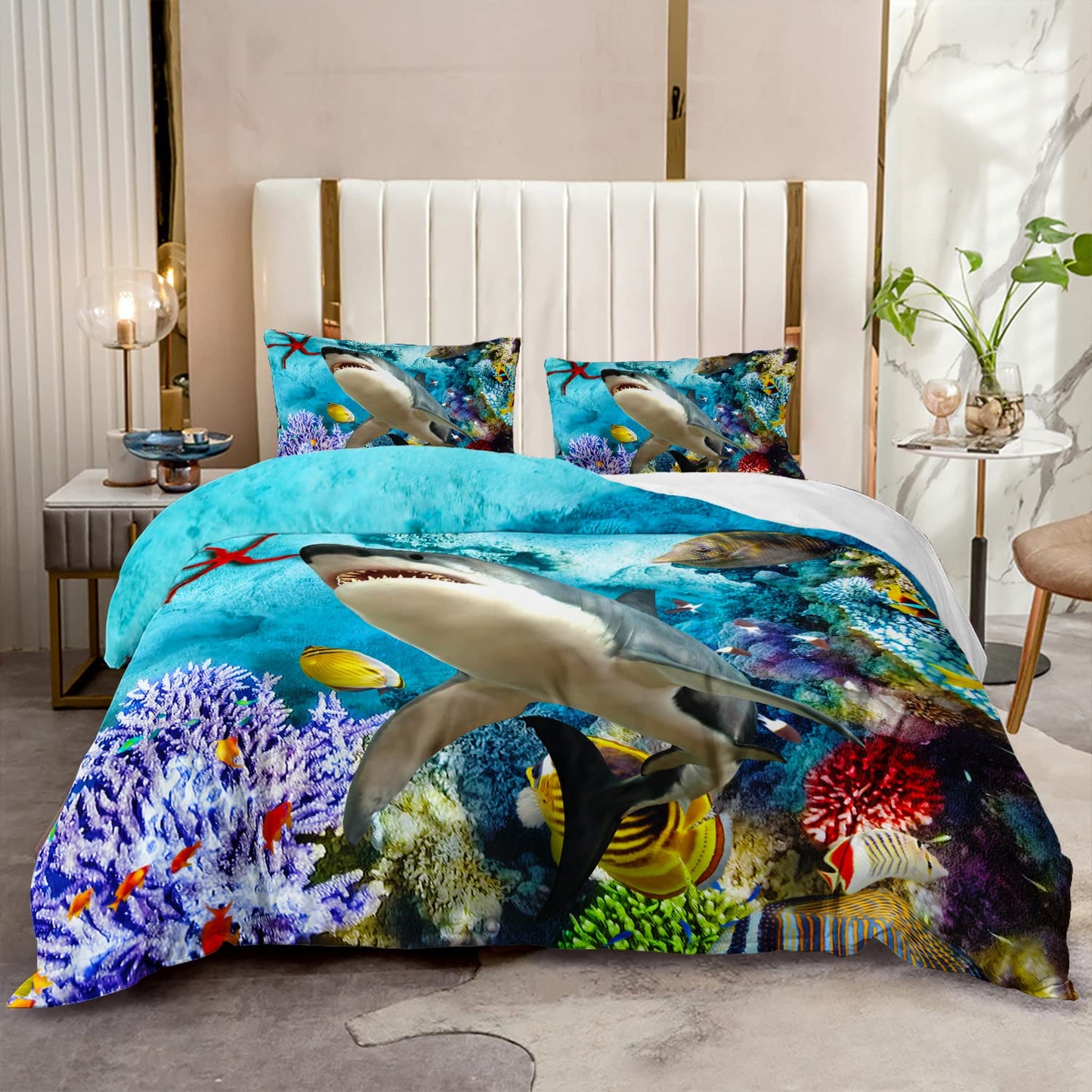 CVHOUSE Shark Duvet Cover Queen Size,Ocean Sea Bedding Set,Beach Comforter for Boys Kids Teens,1 2 Pillowcases 3 Piece Queen 89'x89'