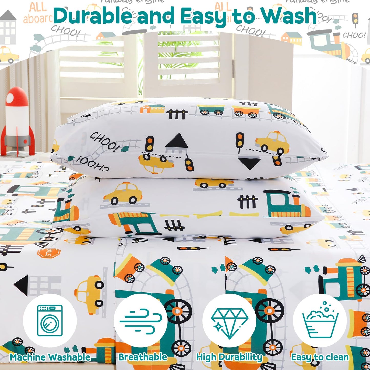 ChicView Full Sheet Set Kids,4 Pieces Breathable Soft Microfiber Bedsheets for Child Boys Girls, Anti Pilling Deep Pockets Easy Care Bed Sheets, Train
