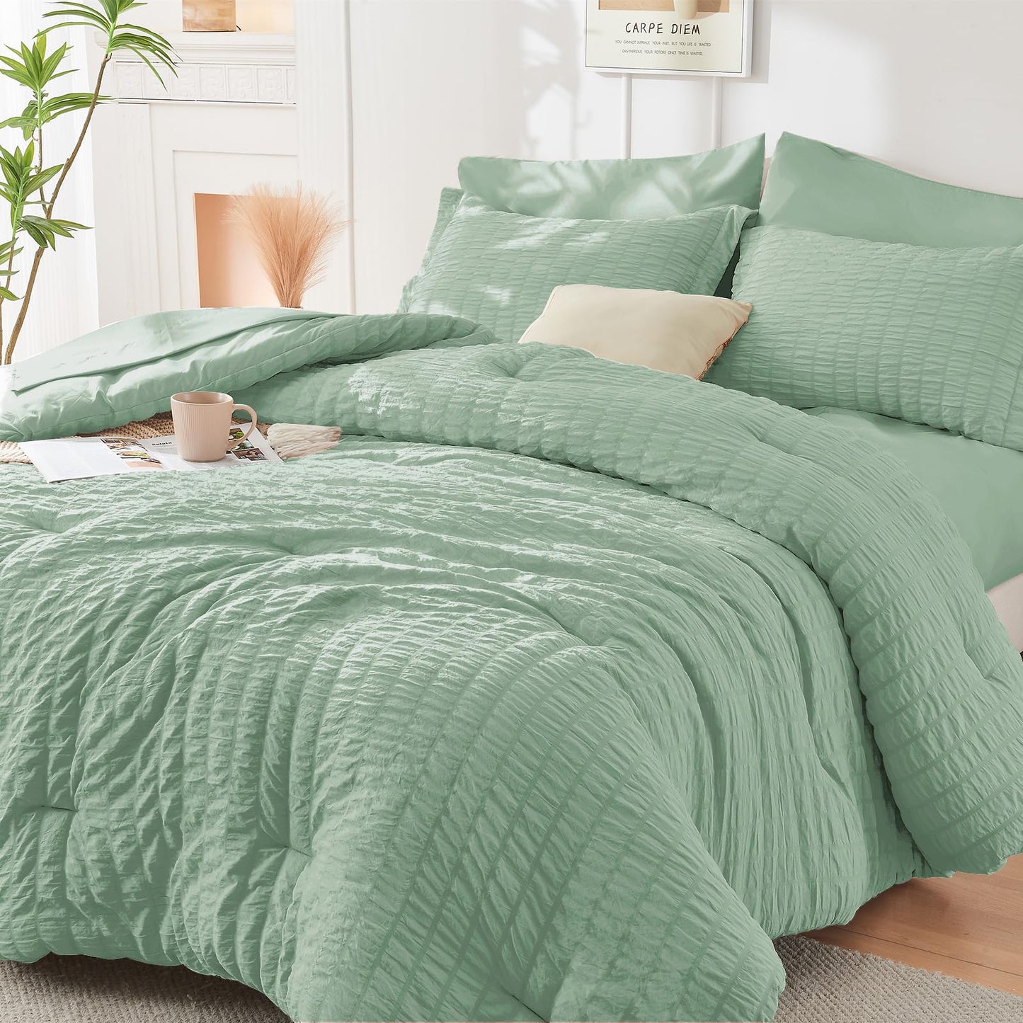 HYMOKEGE Sage Green Oversized Queen Comforter Set Seersucker 7 Pieces, All Season Luxury Bed in a Bag for Bedroom, Bedding Set with Comforter, Sheets, Pillowcases & Shams