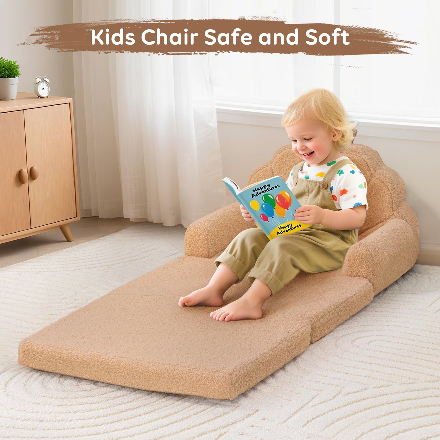 Airpanda Cozy Kids Couch and Chair, Fold Out Foam Sofa, Khaki
