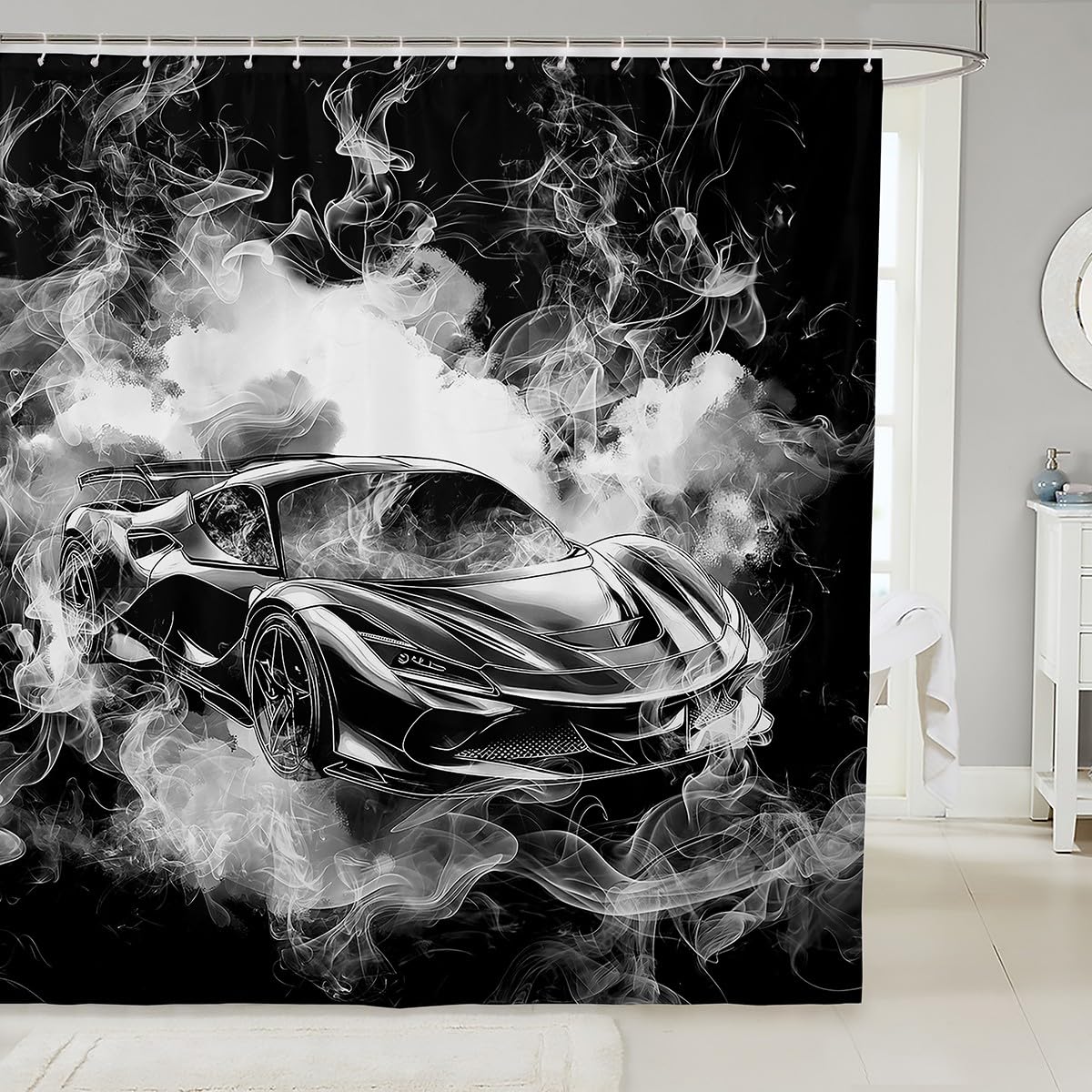 Feelyou Speed Sports Car Shower Curtain 72"x72" Smoky Race Car Bath Curtain for Boys Girls Teens Racing Bath CurtainWaterproof Polyester Fabric Extreme Sports Kids Bathroom Accessories Black White