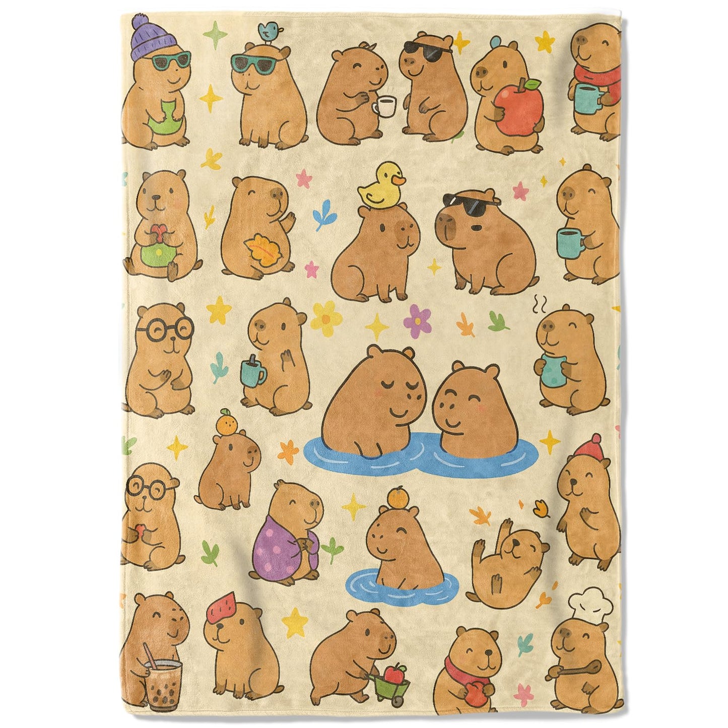 coedoaes Cute Capybara Fleece Blanket,50x60in, Kawaii Cartoon Capybaras with Tea Fruit Duck Flower on Cream Throw Blankets,Soft Cozy Lightweight, Ideal for Bed Living Room Home Decor,Kids Gifts