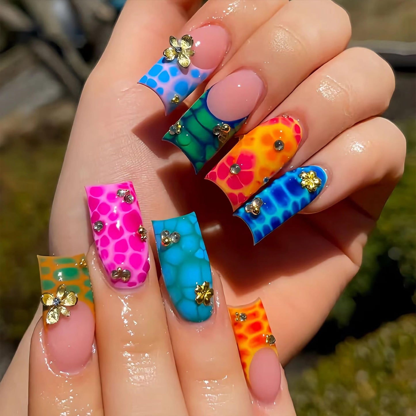 BABALAL Press On Nails, Long Square Fake Nails, Colorful Neon Tortoise Print with 3D Gold Flower & Rhinestone Design, Glossy Y2K Summer Festival Tropical Glue On Nails 24Pcs