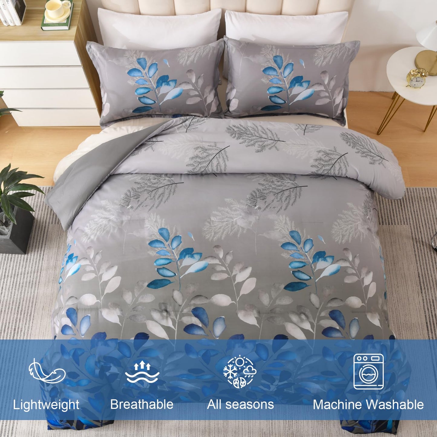 DJY King Size Comforter Set, Dark Grey Botanical Leaves Comforter Set King, 3 Pieces Reversible Blue Floral Bed Comforter Sets Soft Microfiber Bedding Comforter Set for All Season (90"x104")