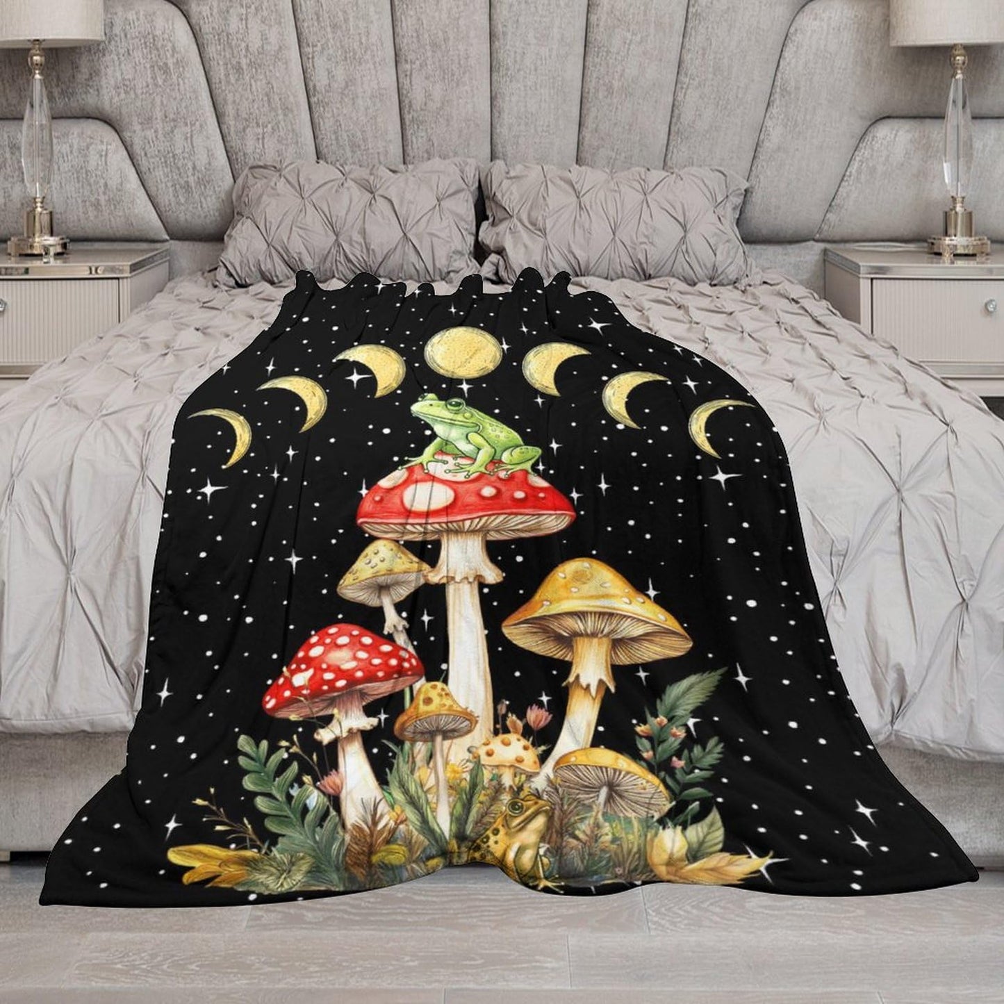 Mystical Frog and Mushroom Throw Blanket for Teens Boys Girls and Adults Soft Warm Cozy Funny Food Midweight Flannel Blankets for Couch Sofa Bed Camping Travel Home Decor 40" X 50"