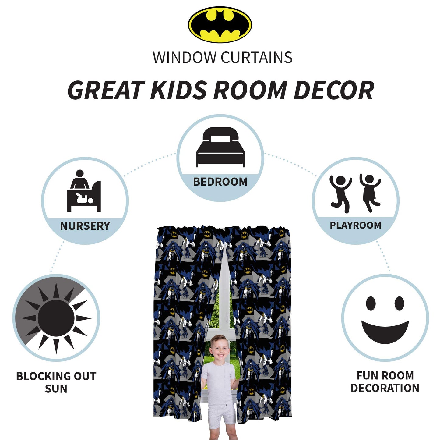Franco Kids Room Window Curtains Drapes Set, 82 in x 63 in, Batman