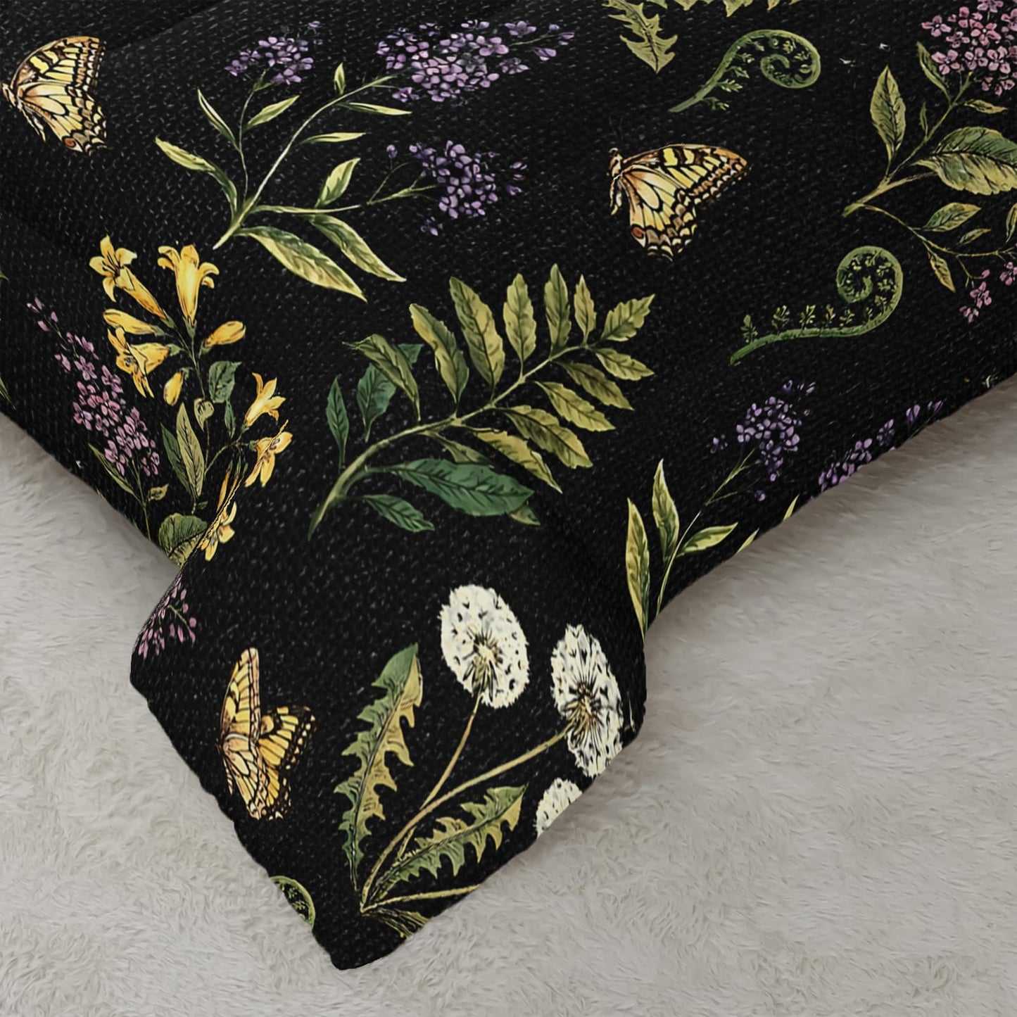 AILONEN Wildflower Meadow Full Comforter Set 3 Piece, Dark Floral Bedding, Yellow Blossom Lavender Leaf Print, Teen Apartment, 2 Pillowcases