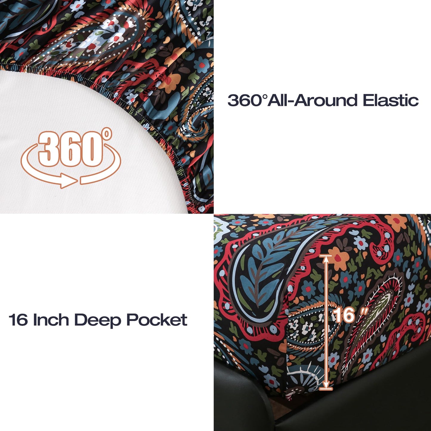 Yibeizi Queen Sheet Set Deep Pocket Queen Size Black Paisley Bed Sheets Set, Dark Floral Printed Soft Microfiber Oeko-Tex Sheets & Pillowcases Hypoallergenic Wrinkle Free Bedsheets