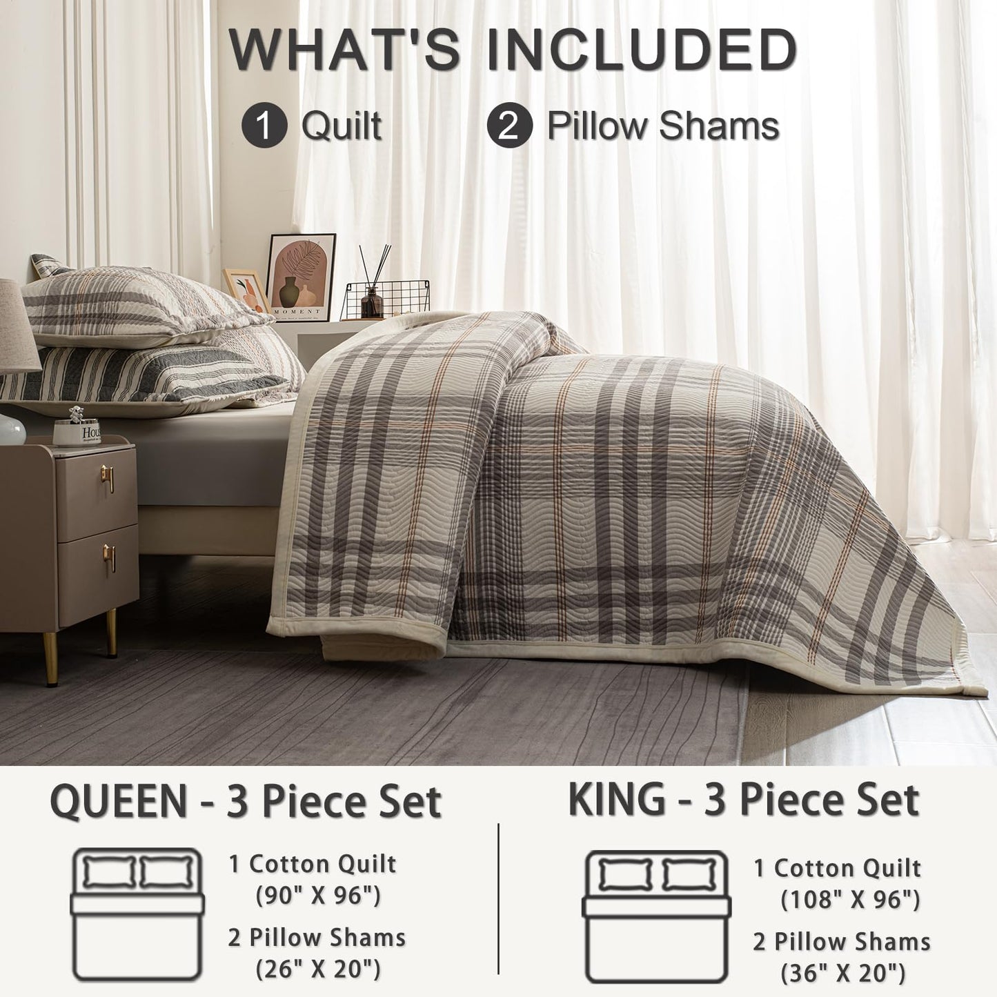 tohrisa Cotton Plaid Quilt Set, Ultra Soft 3 Pieces Queen Size Bedding with 2 Pillow Shams, Lightweight Reversible Coverlet Bedspread with Wave Quilting for Summer, 90"x96", Grid-Grey White