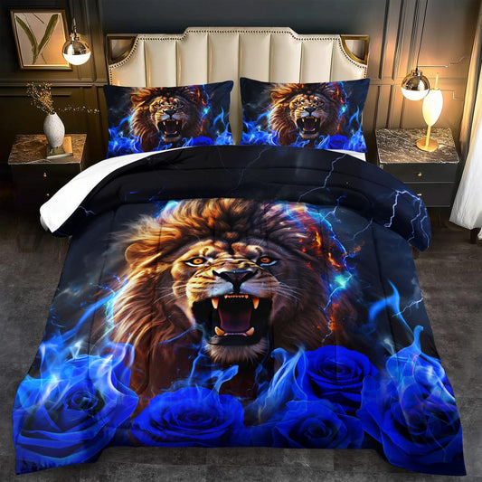 llyxsesty Lion Blue Comforter Set King,Lion Bedding Set Boys,Animal Print Comforter Bedroom Decor for Home,Vintage Floral Quilt,Blue Flower Bedding Adult,Tiger Quilt Bed Decor Teen