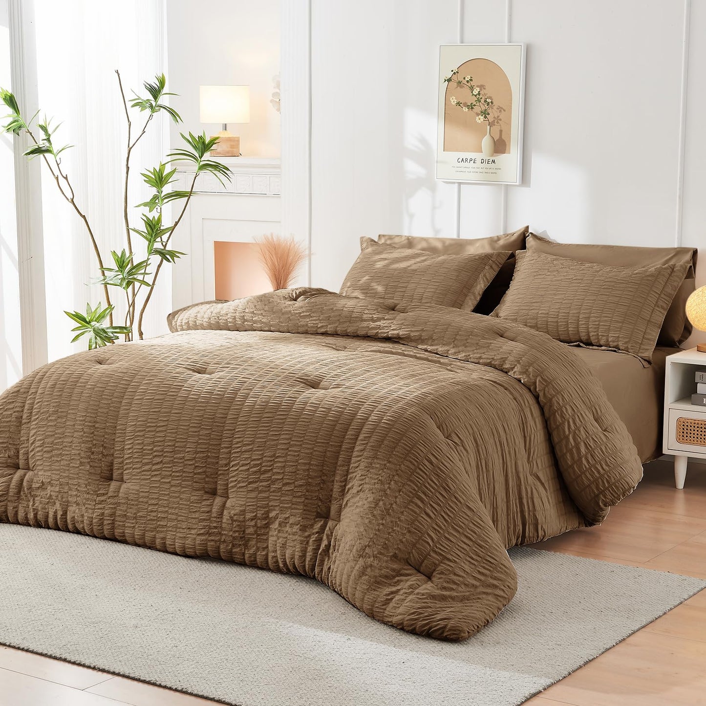 HYMOKEGE Brown Full Size Comforter Sets Seersucker 7 Pieces, All Season Luxury Bed in a Bag for Bedroom, Bedding Set with Comforter, Sheets, Pillowcases & Shams