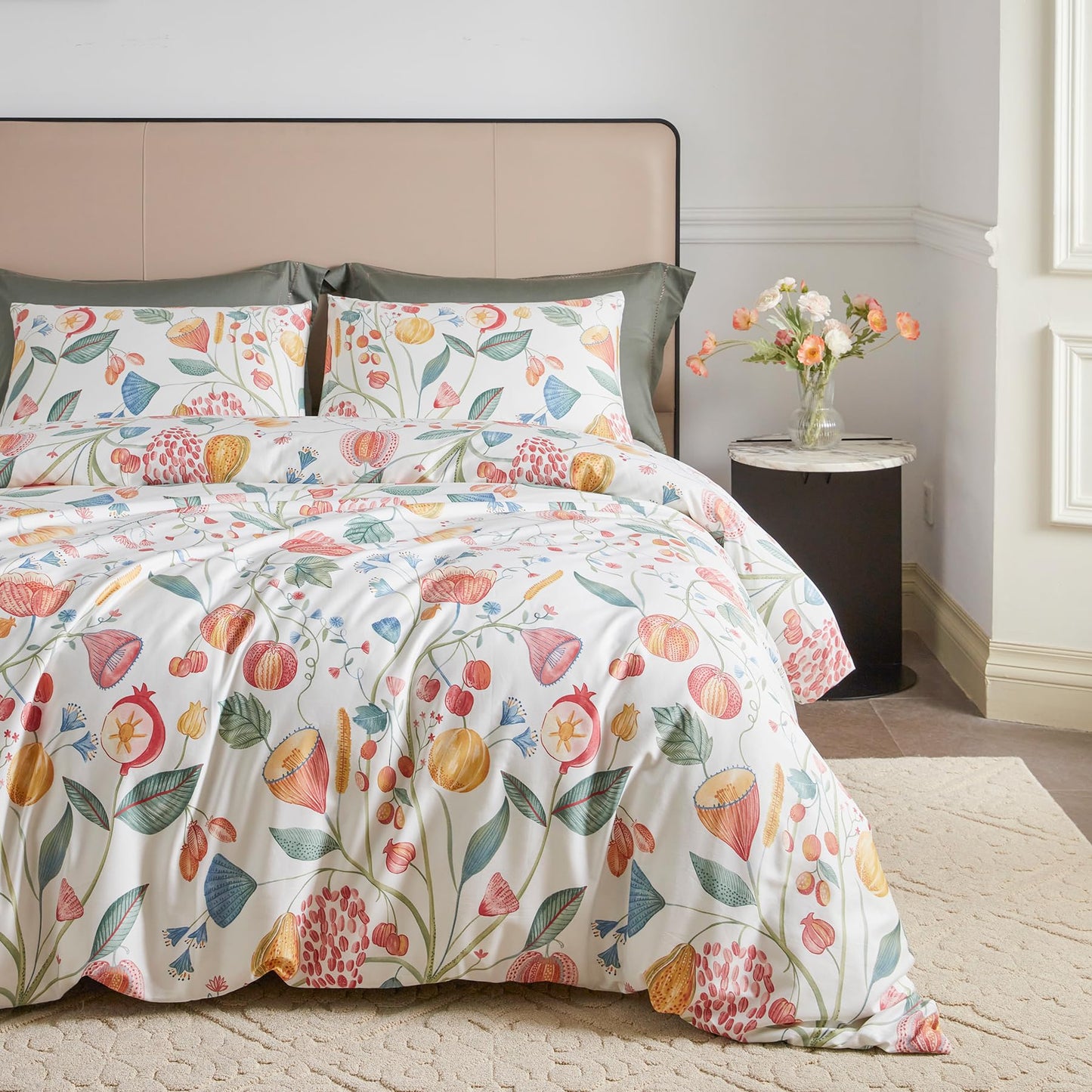 YuHeGuoJi Floral Duvet Cover King 100% Egyptian Cotton 3 Pcs Set 1 Red Botanical Flower Duvet Cover with Zipper Ties 2 Pillowcases Harvest Fruit Tomoato Pumpkin Print Bedding Set Soft