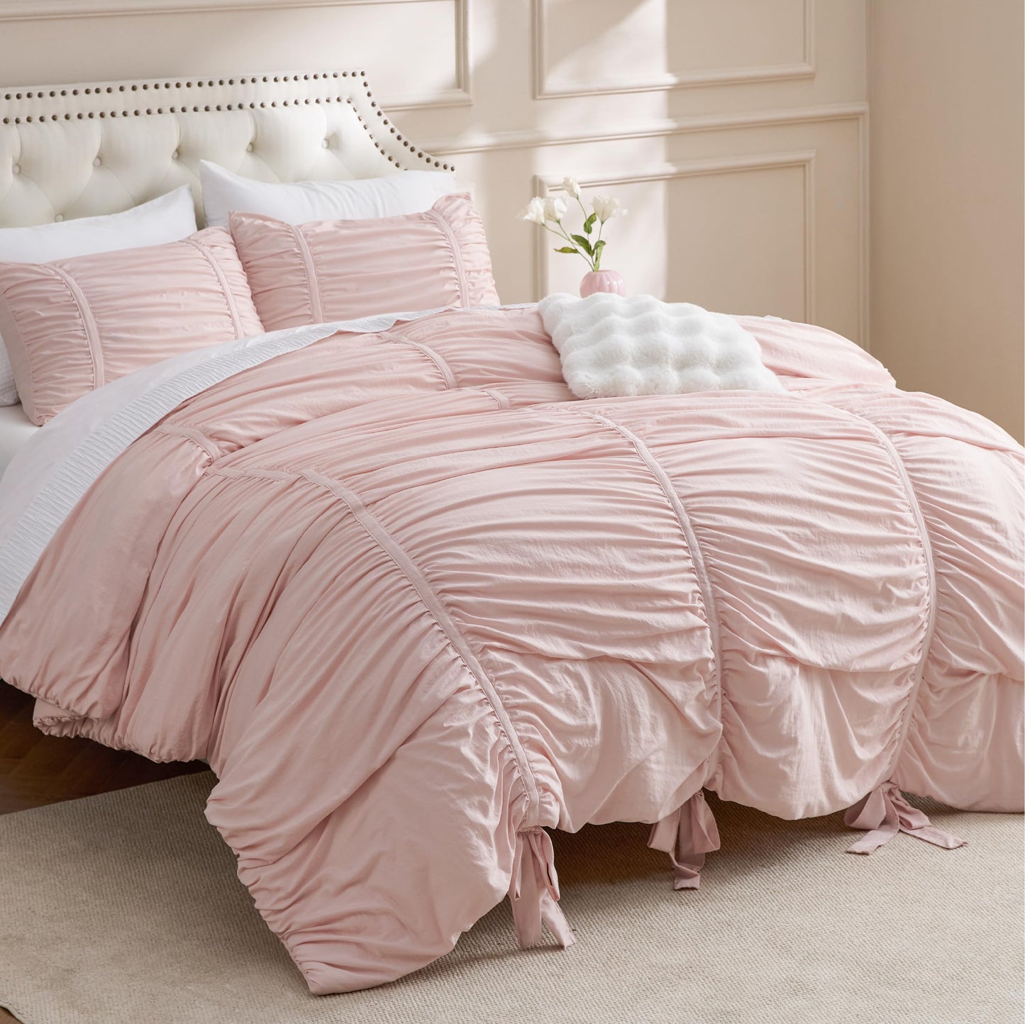 Bedsure Ruched Comforter Set with Bow Trim Pink, GentleSoft™ 3 Pieces Bow Bedding Pink Room Decor, King Boho Bedding for Girls Teens Women, 1 Bed Comforter, 2 Pillow Shams, 104x90 Inches