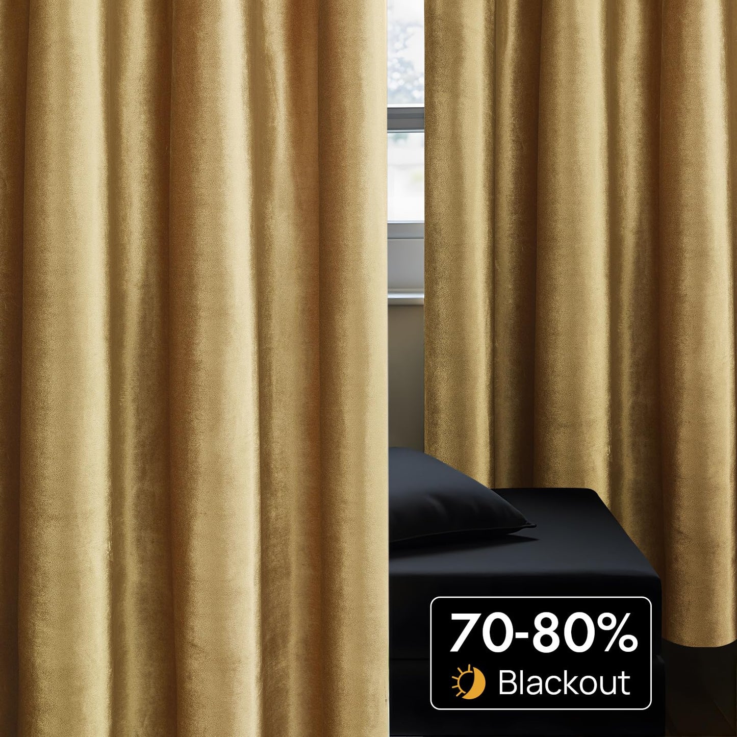 BULBUL Velvet Gold Curtains 84 inch Length- Living Room Blackout Thermal Window Drapes Darkening Decor Grommet Curtains for Bedroom Set of 2 Panels