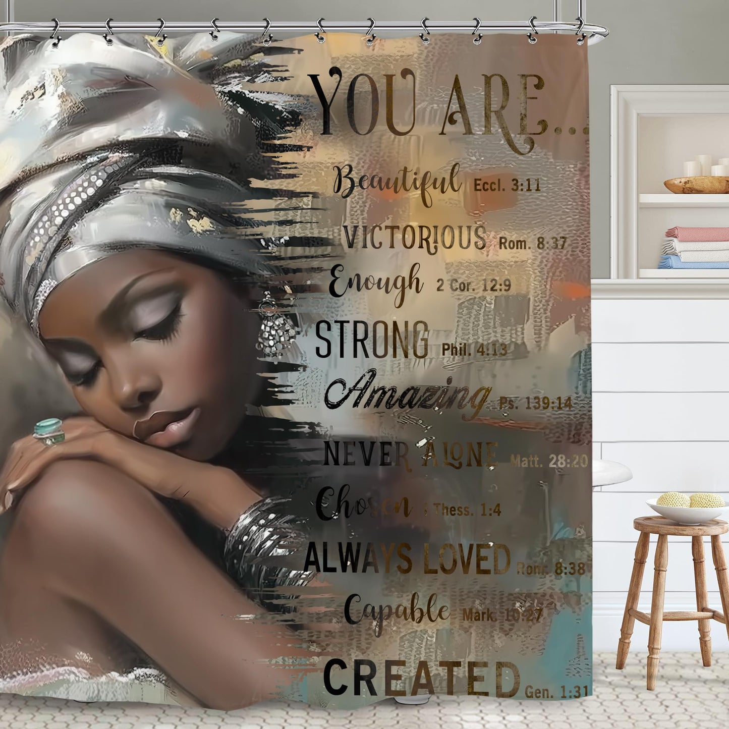Yookeb African American Inspirational Bathroom Shower Curtain 60W by 71H Inch Black Girl Woman Lady Motivational Quotes Positive Bible Polyester Fabric 12 Plastic Hooks Waterproof Decor