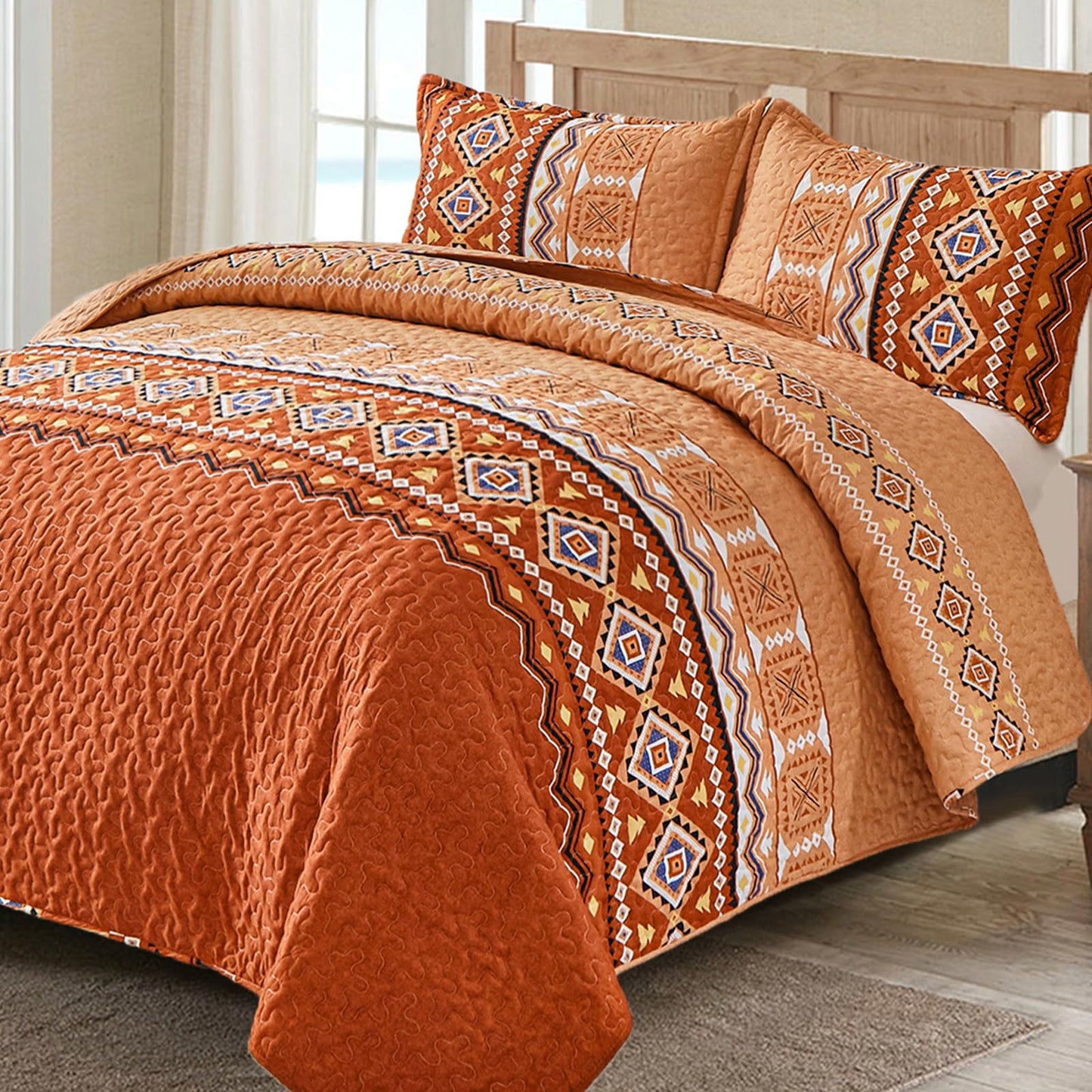 WONGS BEDDING 3 Pieces Quilt Set California King, Burnt Orange/Rust Thanksgiving Quilt Bedspread Bohemian Coverlet Set with 2 Pillowcase, Fall Soft Thanksgiving Bedding Set All Season 106"×96"