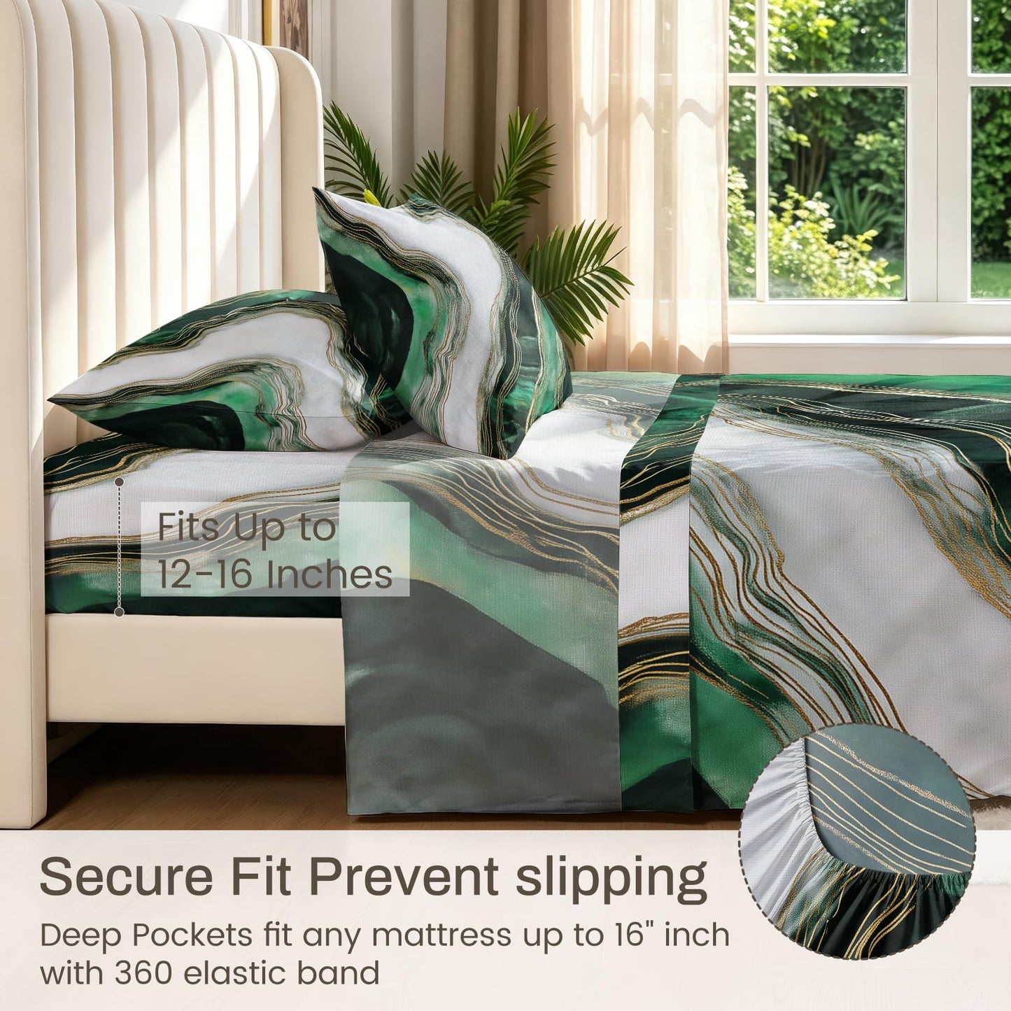 Marble Full Sheet Set 4 Pcs Modern Green Bed Sheets, Dark Green