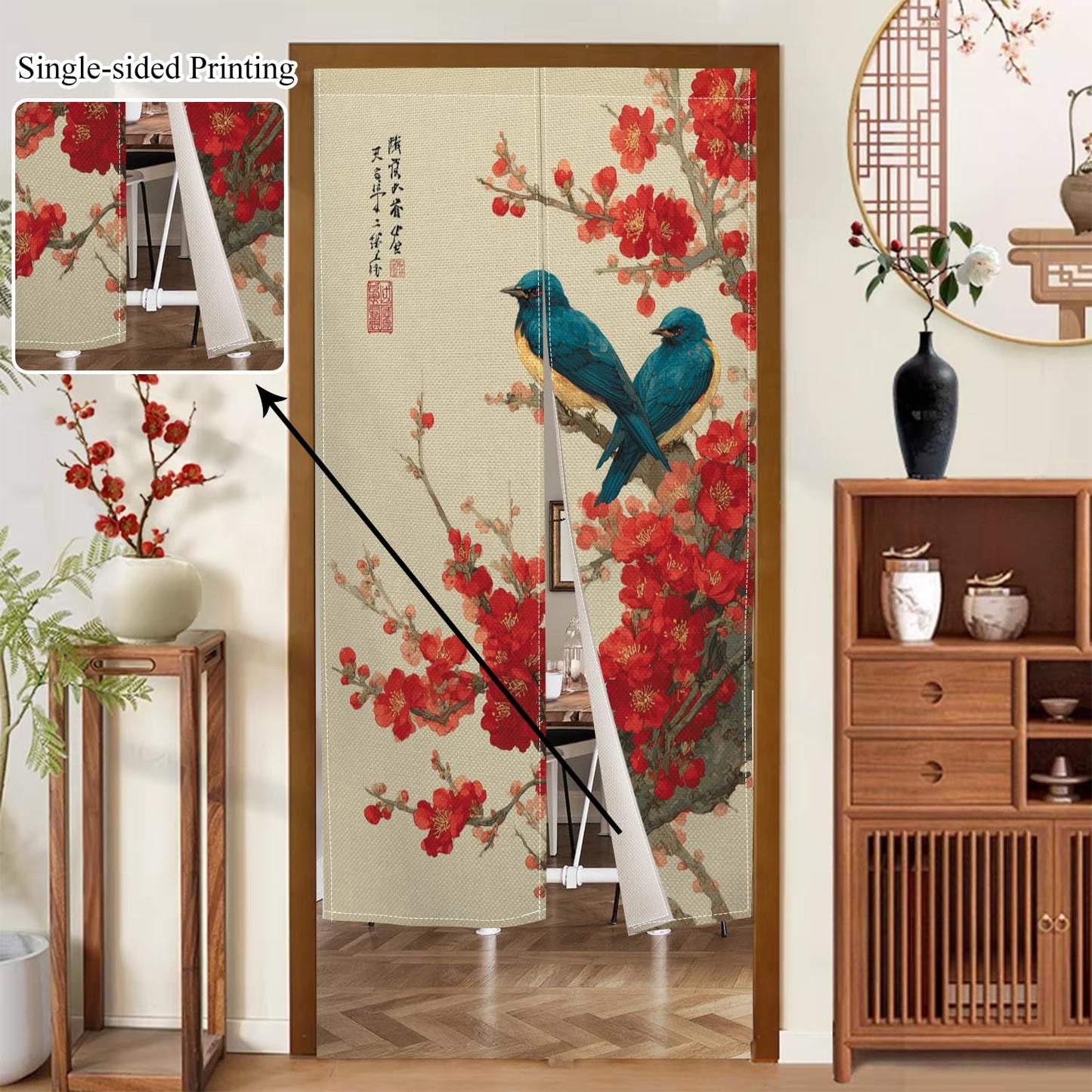XMJJKUF Japanese Doorway Curtain Noren Long Style Red Cherry Blossom Printed Door Tapestry Window Treatment for Hanging Room Divider Kitchen Door Curtains Japanese Home Decor, 33.5"x 70.9"