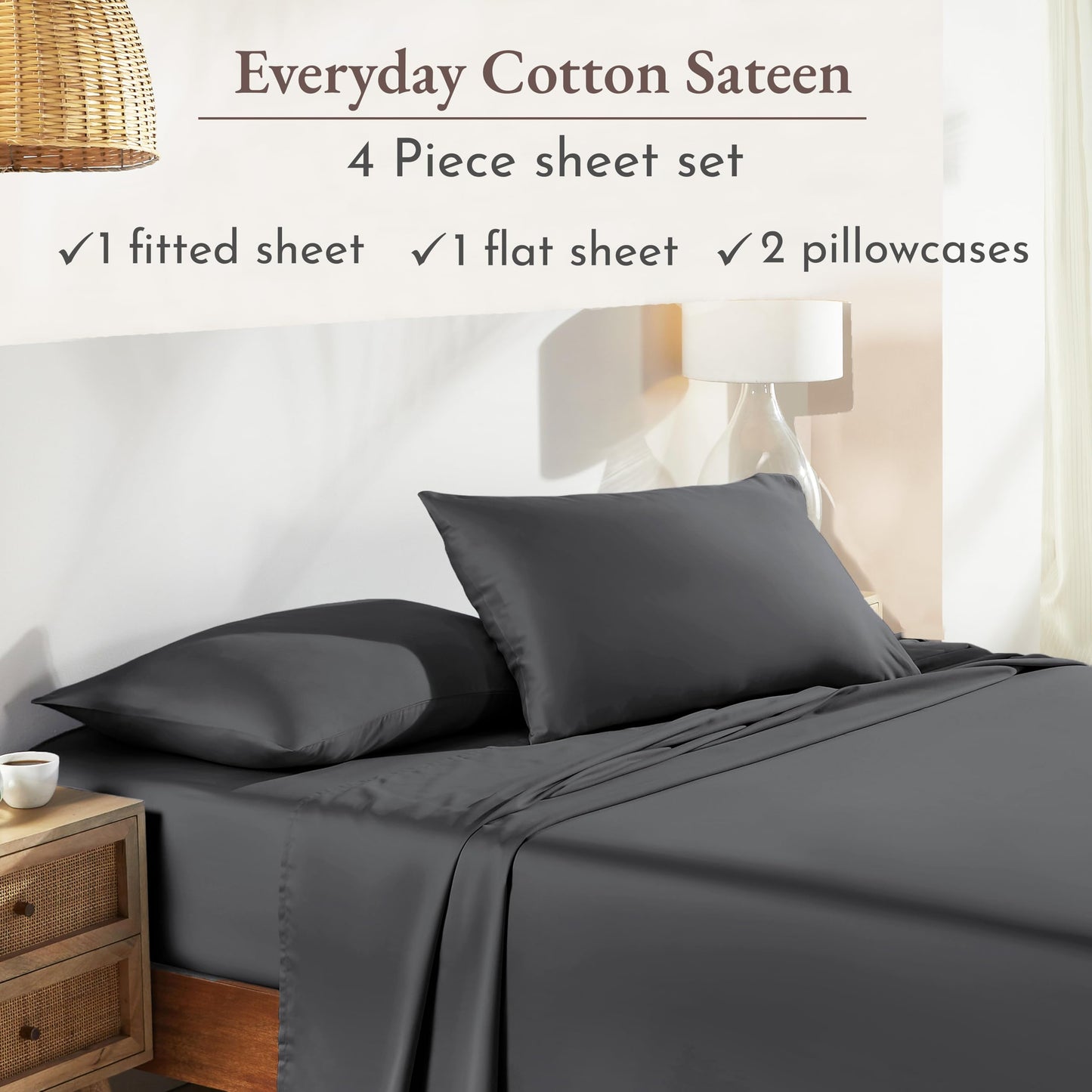 California Design Den Queen Sheet Set - Natural 100% Cotton Sheets Queen Size Bed Set with Deep Pockets, Soft Sateen Weave, Breathable and Durable Bedding Dark Grey (Black Tone)