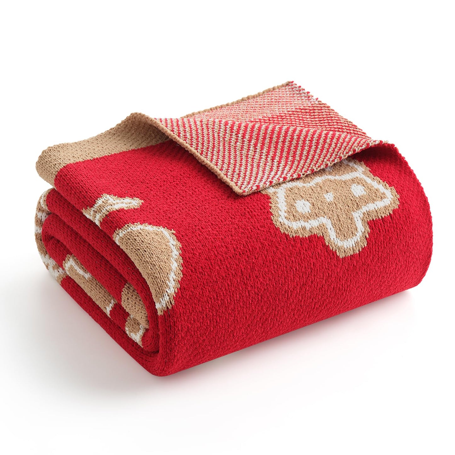 Amélie Home Christmas Knit Throw for Couch, Reversible Soft Cozy Chenille Blanket for Home Decor Gift for Family, 50" x 60", Christmas Gingerbread Cookie