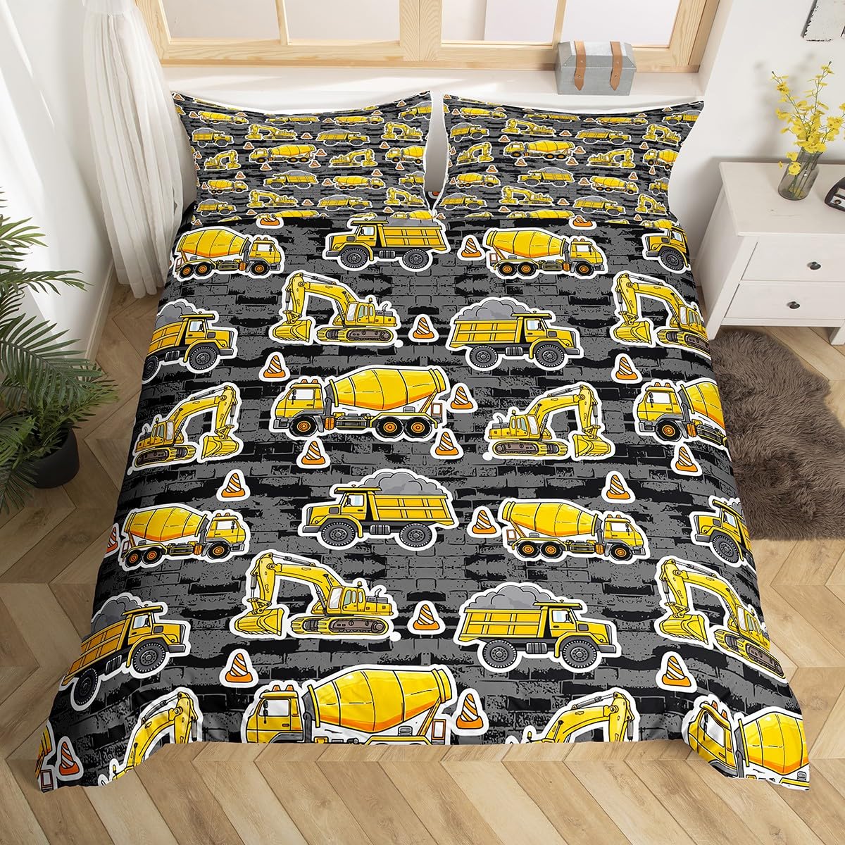 Erosebridal Excavator Comforter Cover Set Full Concrete Truck Pattern Duvet Cover Child Teens Construction Bedding Set for Kids Boys Cartoon Toy Cars Quilt Cover Bedroom Decor 3Pcs Bedclothes