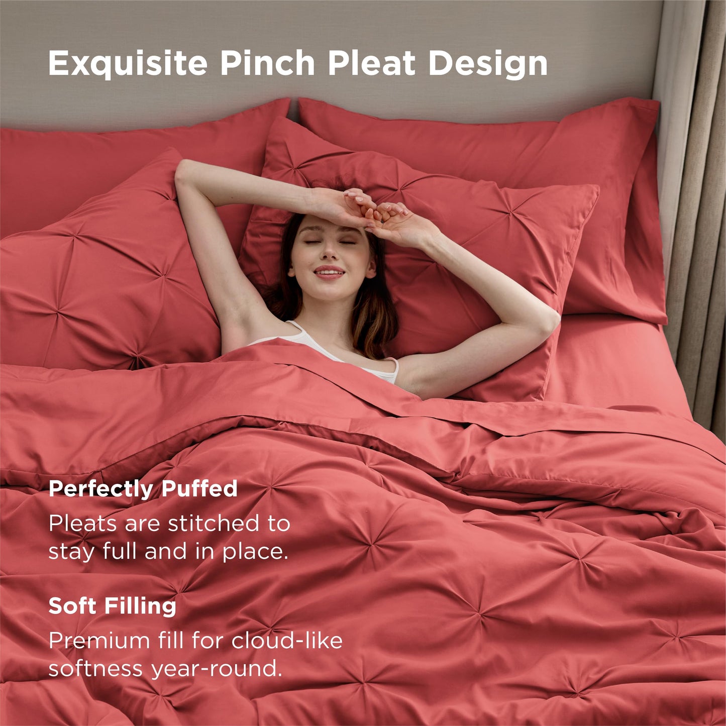 Bedsure Queen Comforter Set Coral Red - Bed in a Bag Queen Size Bedding 7 Pieces, GentleSoft™ Pintuck Bed Set Gift for Family, All Season Down Alternative Comforter with Sheets, Pillowcases & Shams