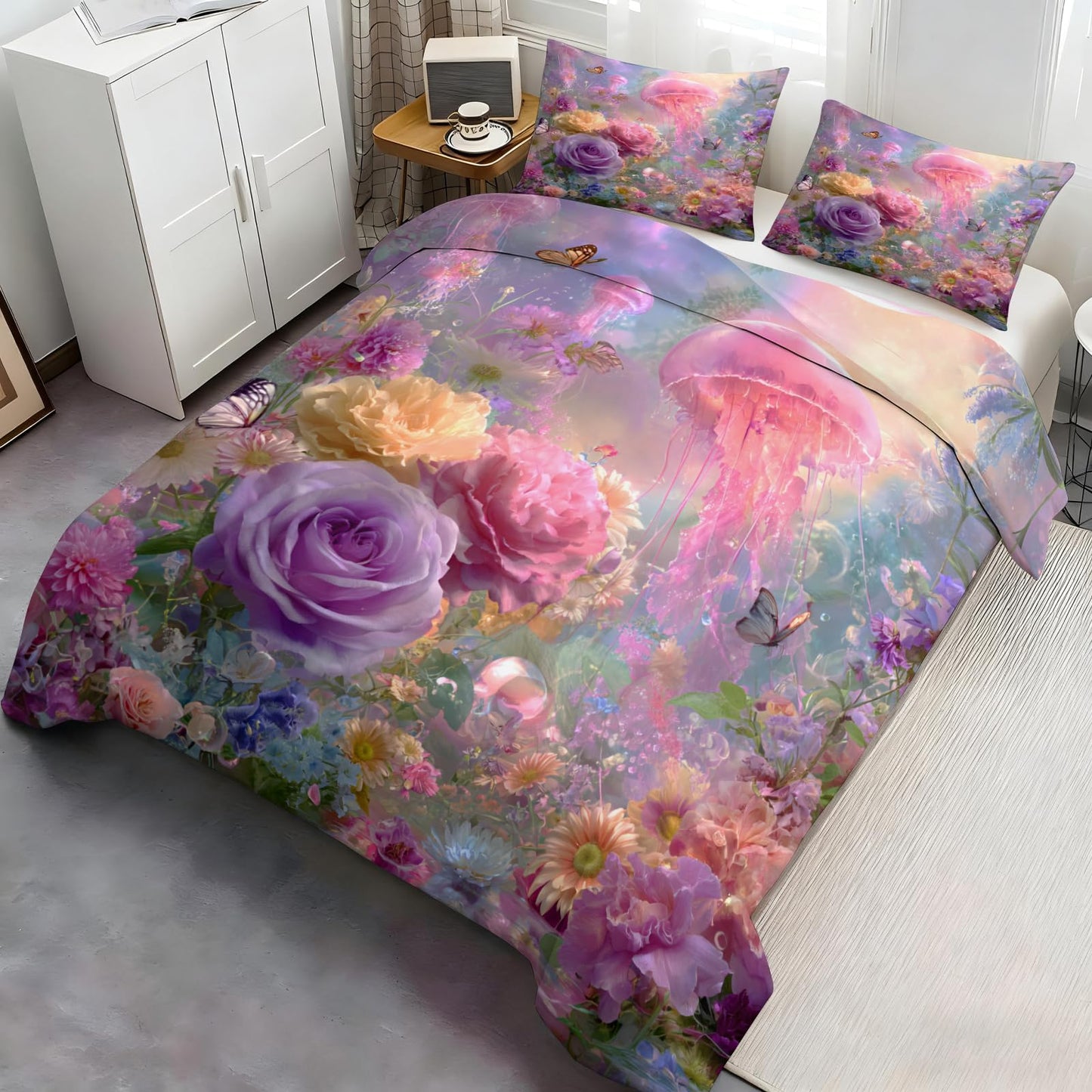 ZAOMIR Girls Floral Jellyfish Duvet Cover Set King for Women, Ocean Jellyfish Flower Garden Butterfly Bedding Set 3Pcs, Fantasy Style Pastel Pink Purple Comforter Cover with 2 Pillowcases
