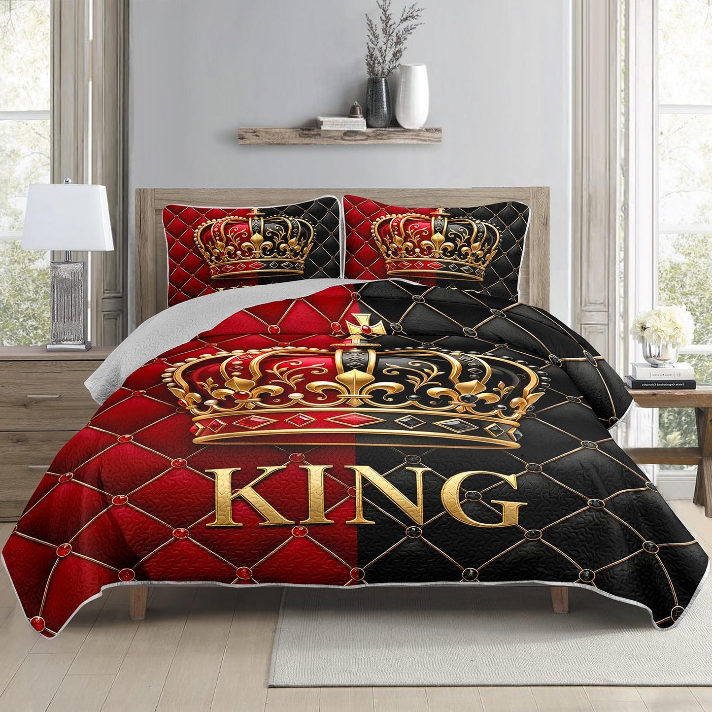 AILONEN Red Black King Quilt Set - Queen Size Golden Crown Couple Bedspread Coverlet with 2 Pillowcases - Luxury Room Decor for Adults & Bedroom
